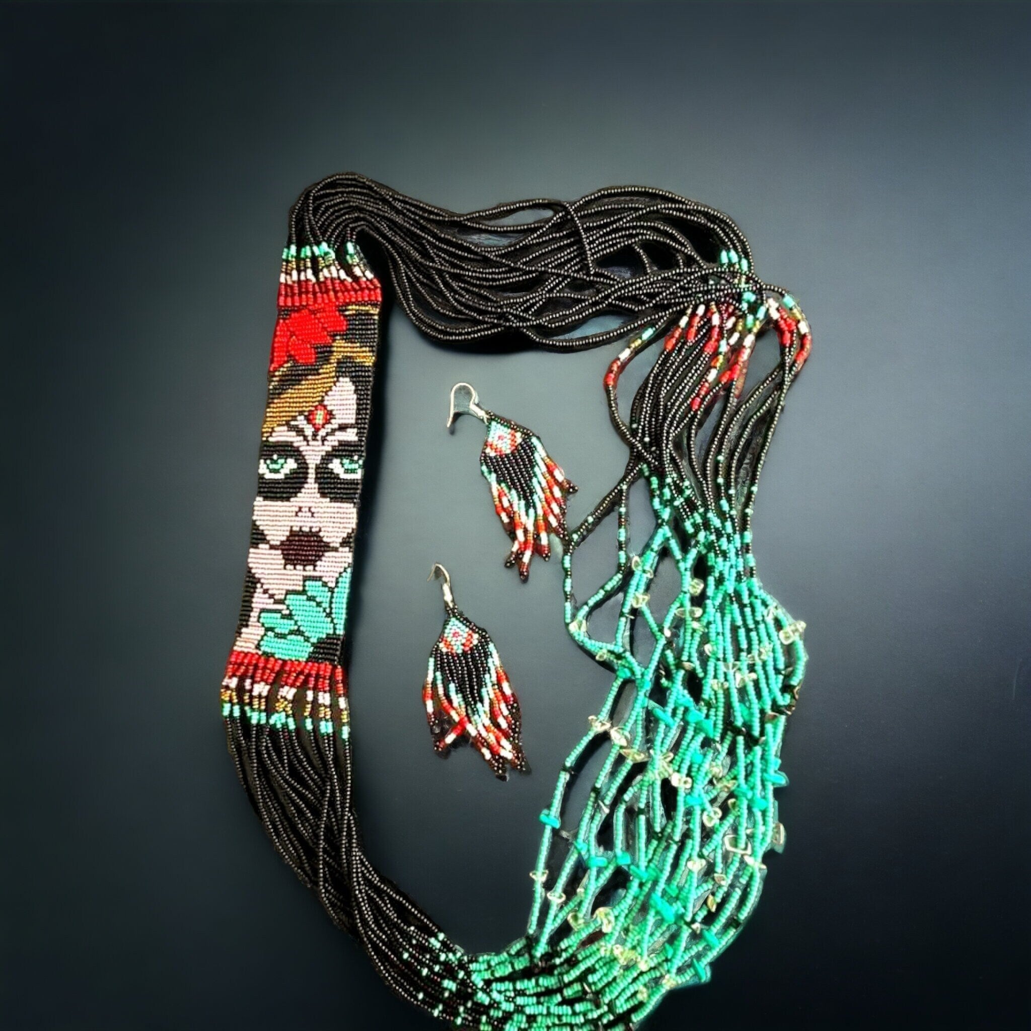 Sugar Skull Seed Bead Necklace: Huichol Day of the Dead Art
