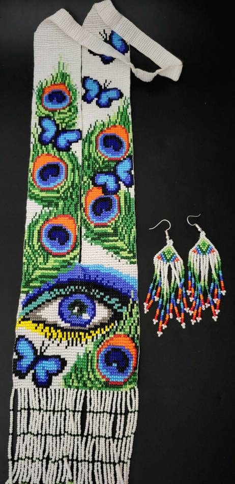 Handmade Beaded Peacock Necklace: Long Statement Jewelry