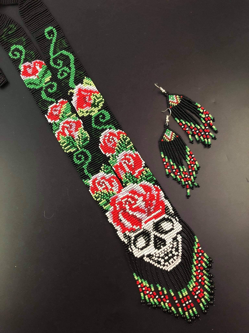 Handmade Seed Bead Skull Necklace: Ethnic Sugar Skull Jewelry