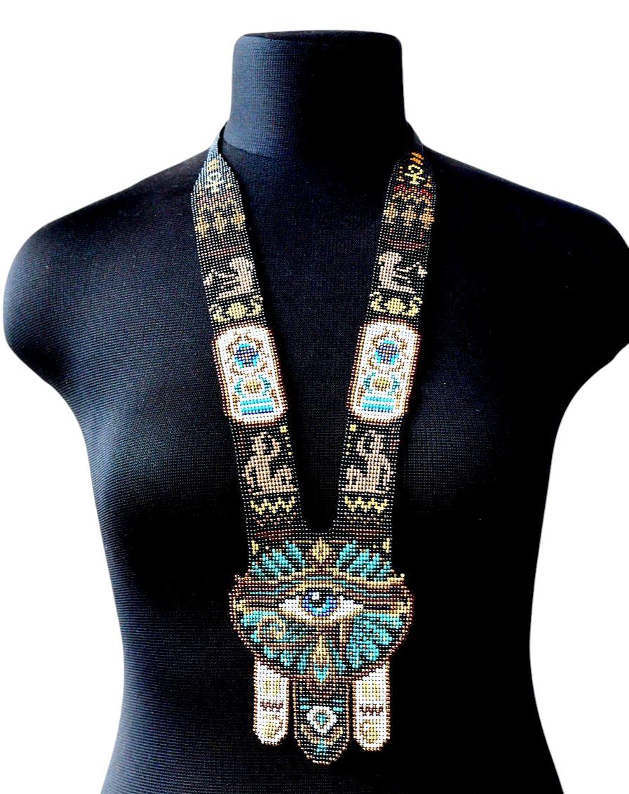 Handmade Egyptian Collar Necklace - Seed Bead Art,Tribal Art Necklace,Eye Necklace