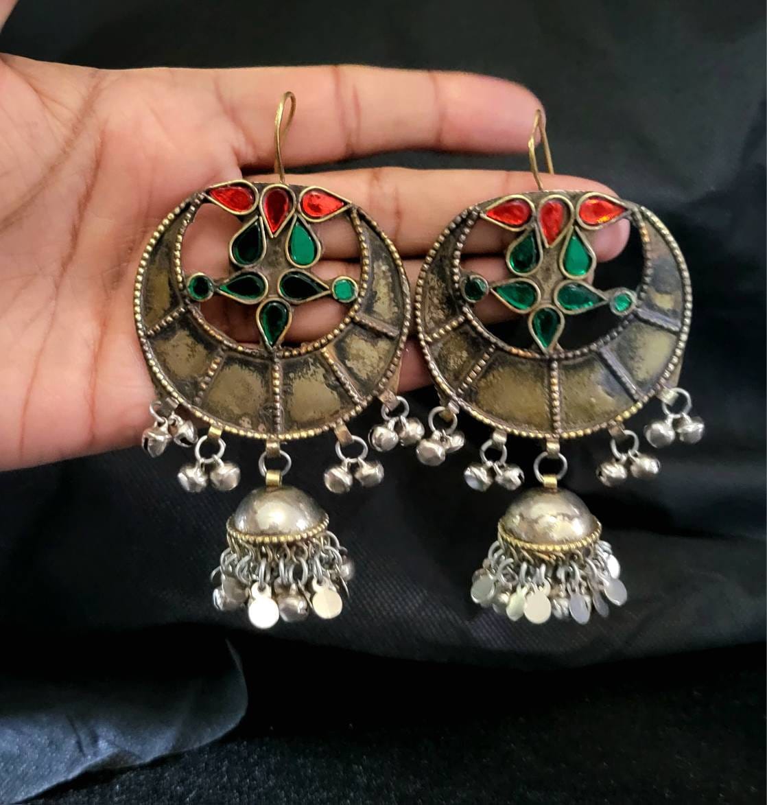 VINTAGE AFGAŃSKIE JHUMKA, stare złoto, niemieckie srebro, kształt półksiężyca, vintage jhumka, ręcznie robione kolczyki, afgańska biżuteria, taniec brzucha