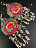 Miao Silver Dangle Earrings: Hmong Embroidered Flower, Ethnic Boho