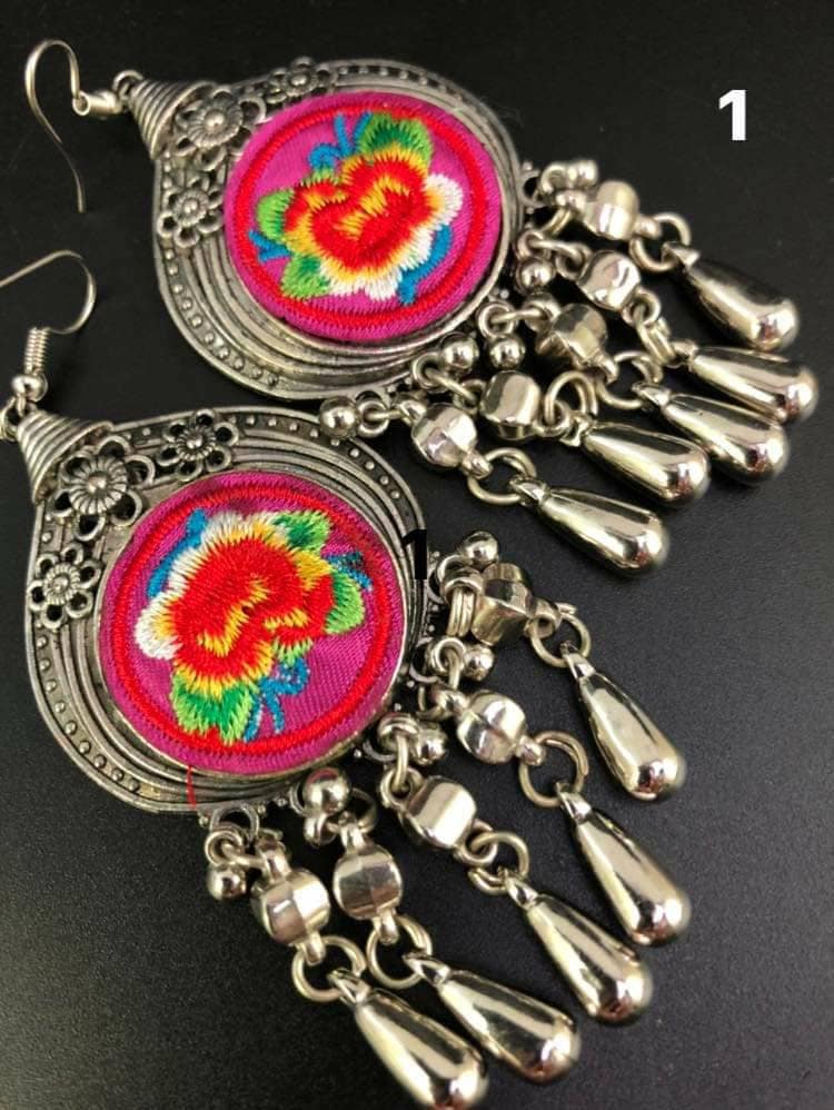 Miao Silver Dangle Earrings: Hmong Embroidered Flower, Ethnic Boho