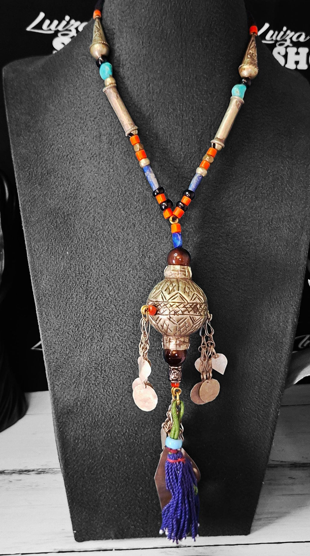 Berber Silver Tribal Necklace: Lapis, Turquoise & Coral - Bohemian Pendant