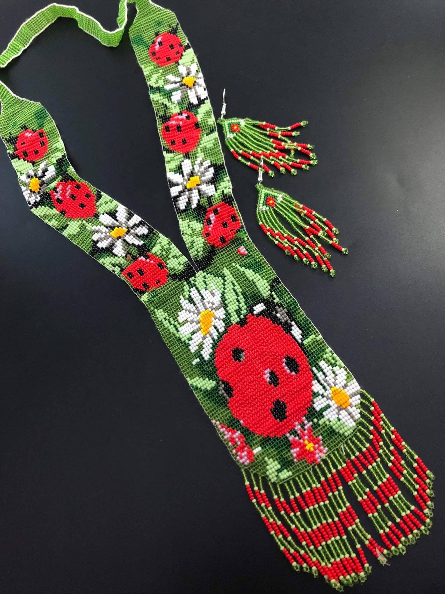 Handmade Beaded Ladybug Necklace: Boho Floral Garden Jewelry
