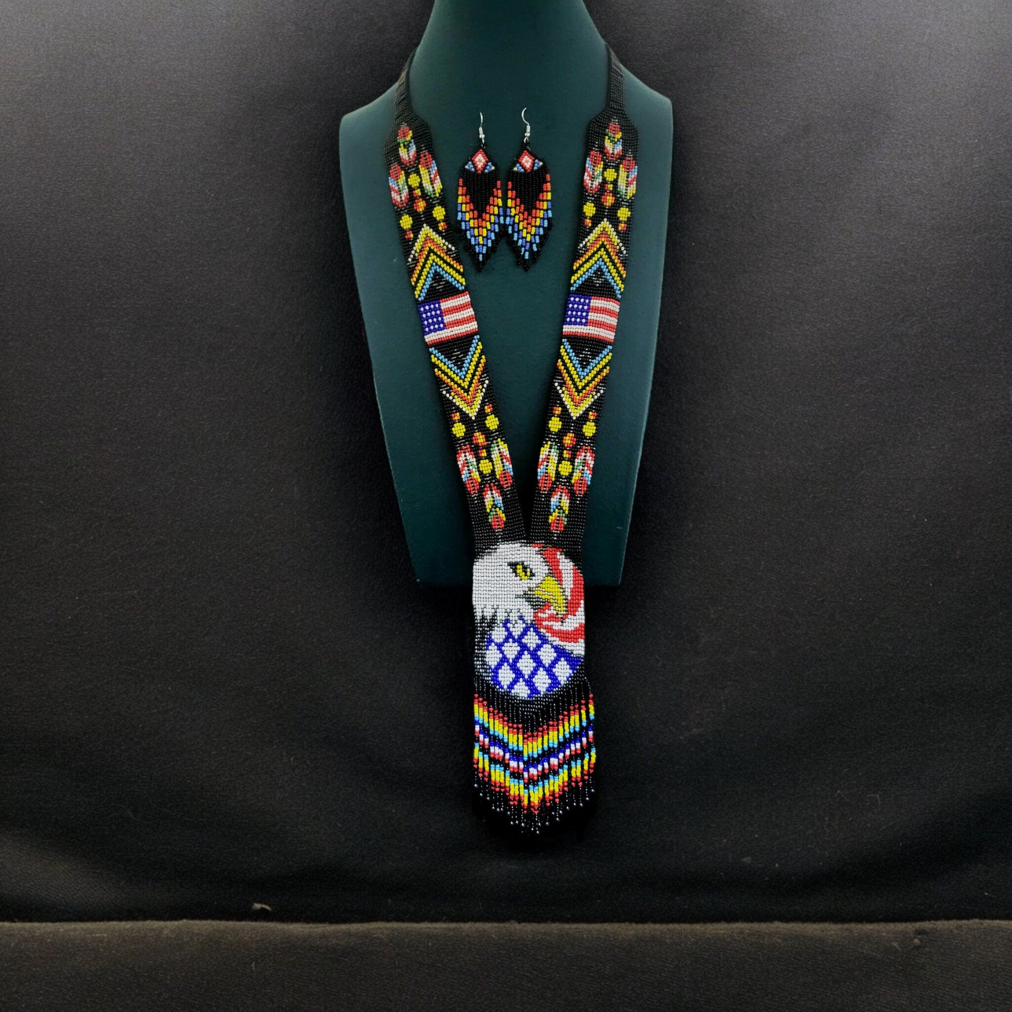Handmade Beaded Loom Necklace: American Flag with Majestic Eagle