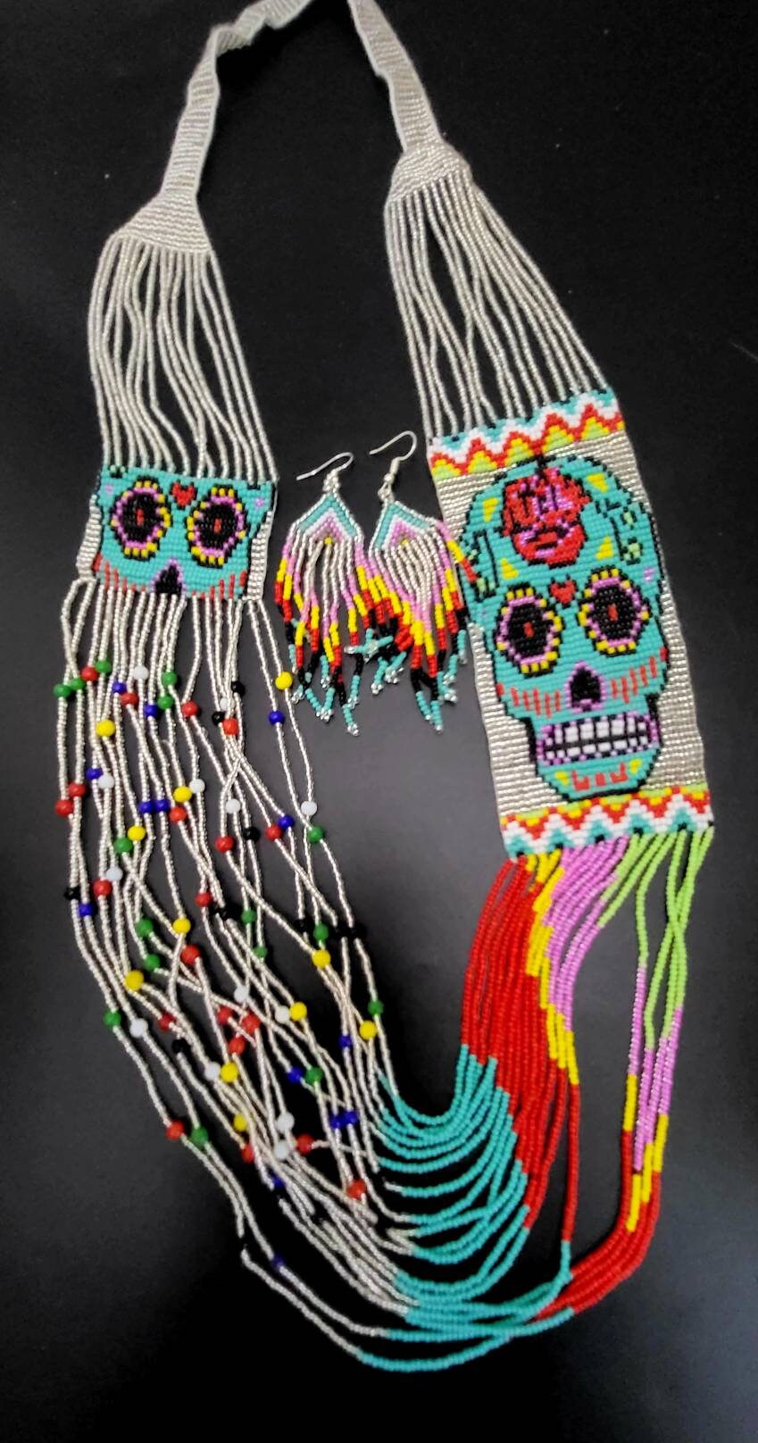 Handmade Seed Bead Skull Necklace: Ethnic Beaded Jewelry