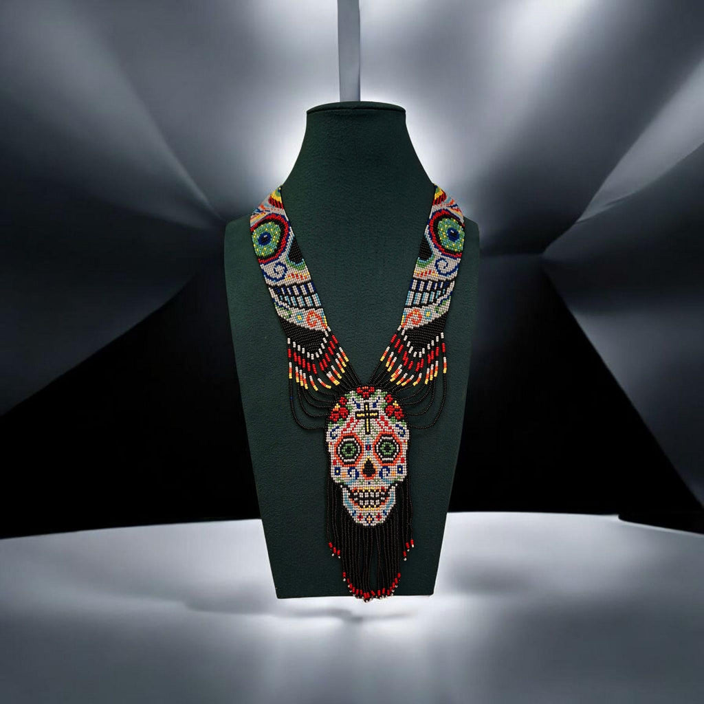 Handmade Seed Bead Skull Necklace & Earrings Set: Ethnic Tribal Jewelry