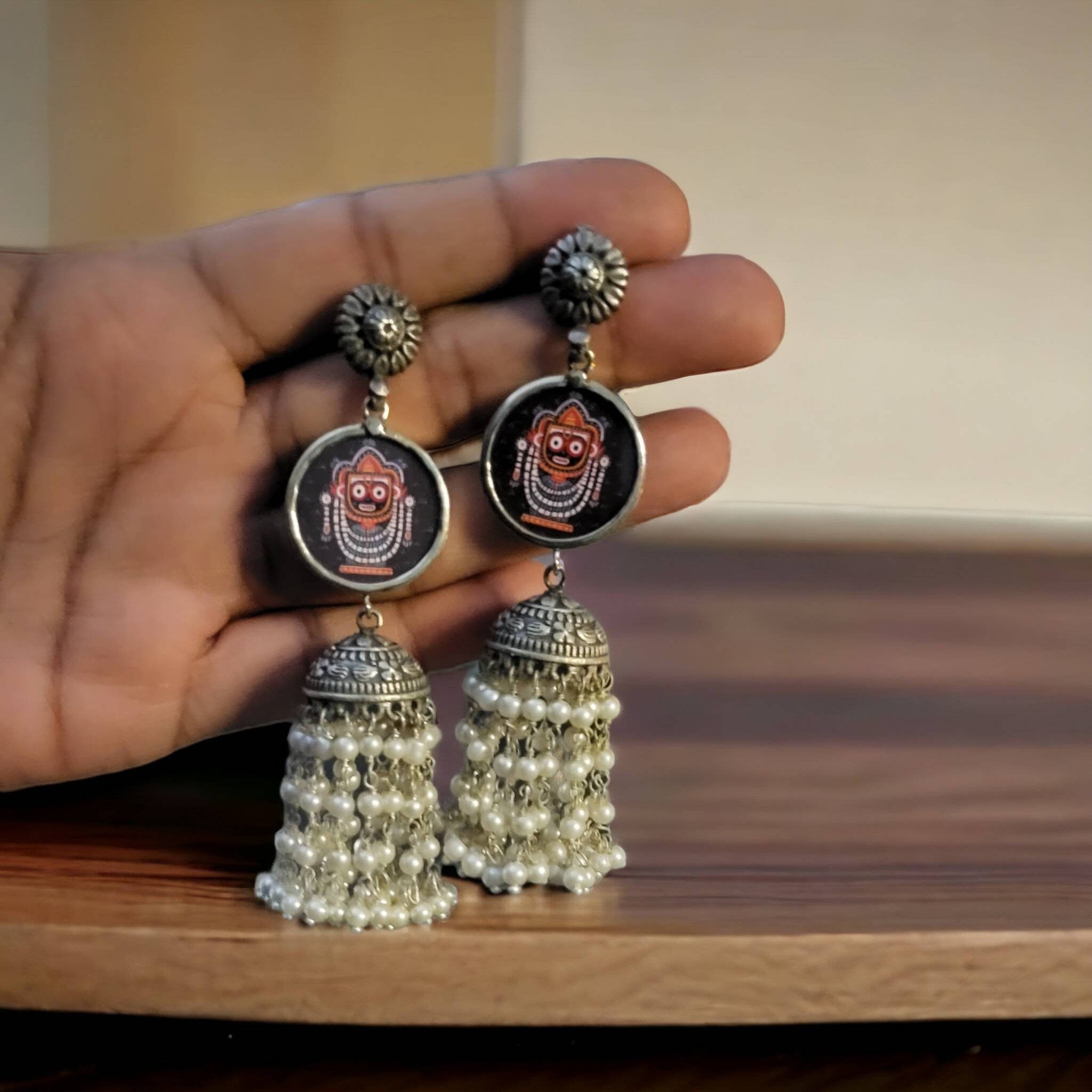 Radha Krishna Jhumka Earrings: Hand-Painted Hindu Jewelry