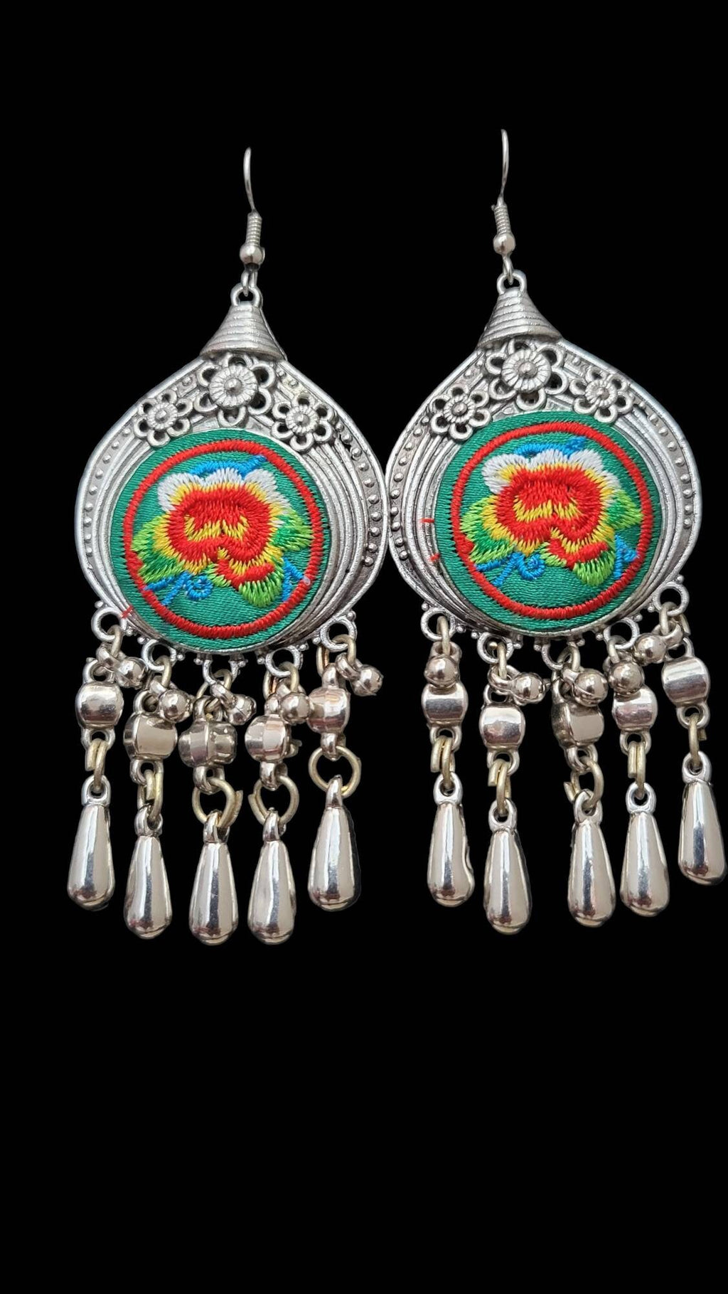 Miao Silver Dangle Earrings: Embroidered Flower, Ethnic Boho