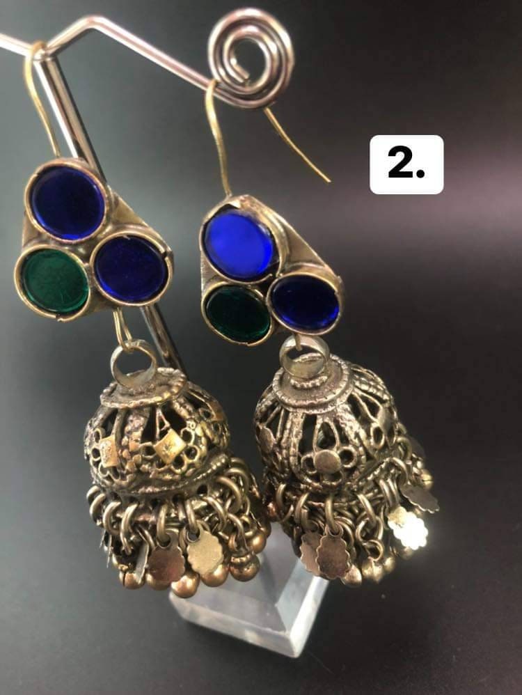 Afghan Jhumki Dangle Earrings: Kuchi Style, Green Stone, Ghongro Dangles