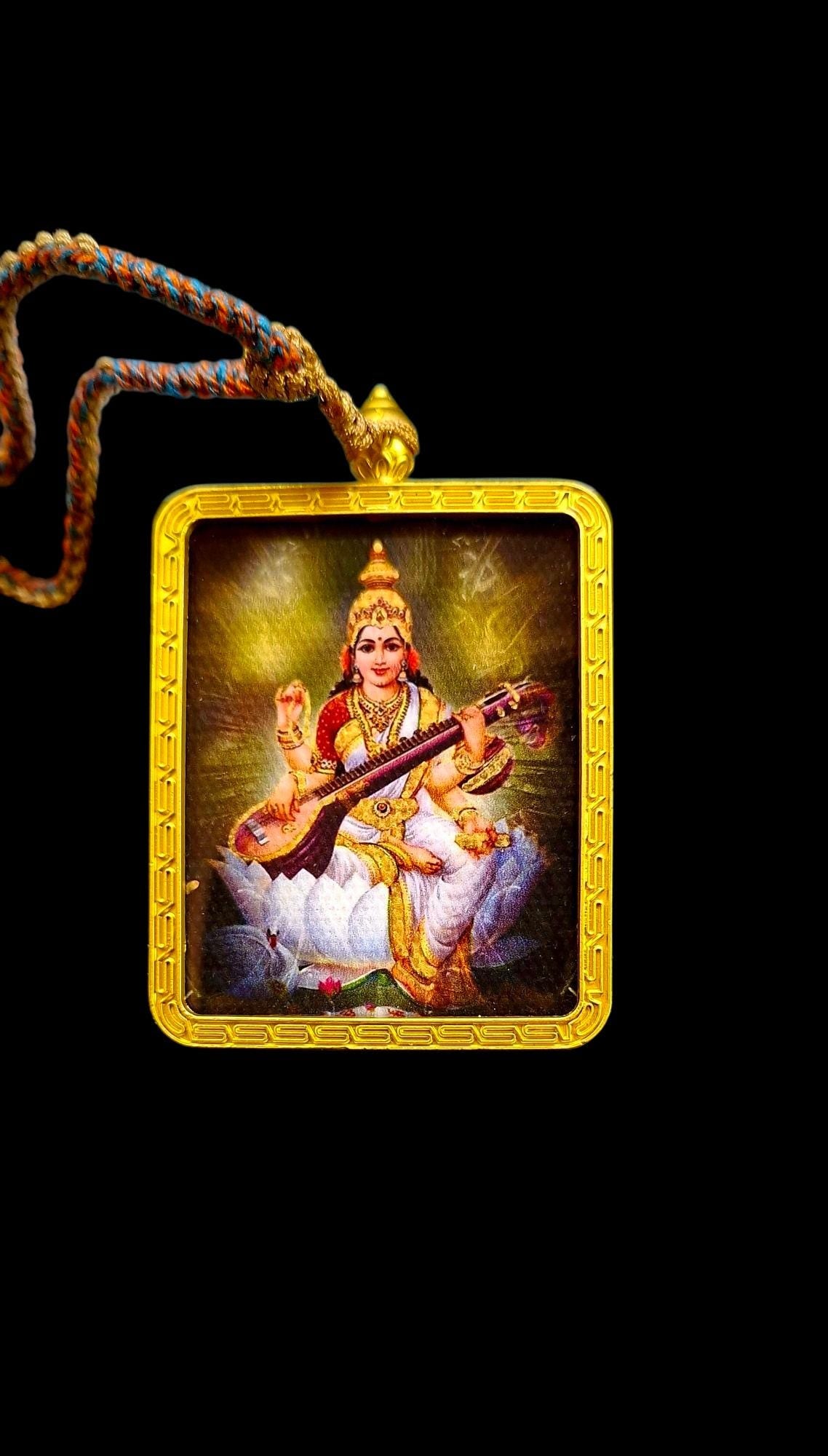 Divine Saraswati Pendant on Adjustable Woven Chain | Hindu Goddess of Arts and Wisdom Necklace