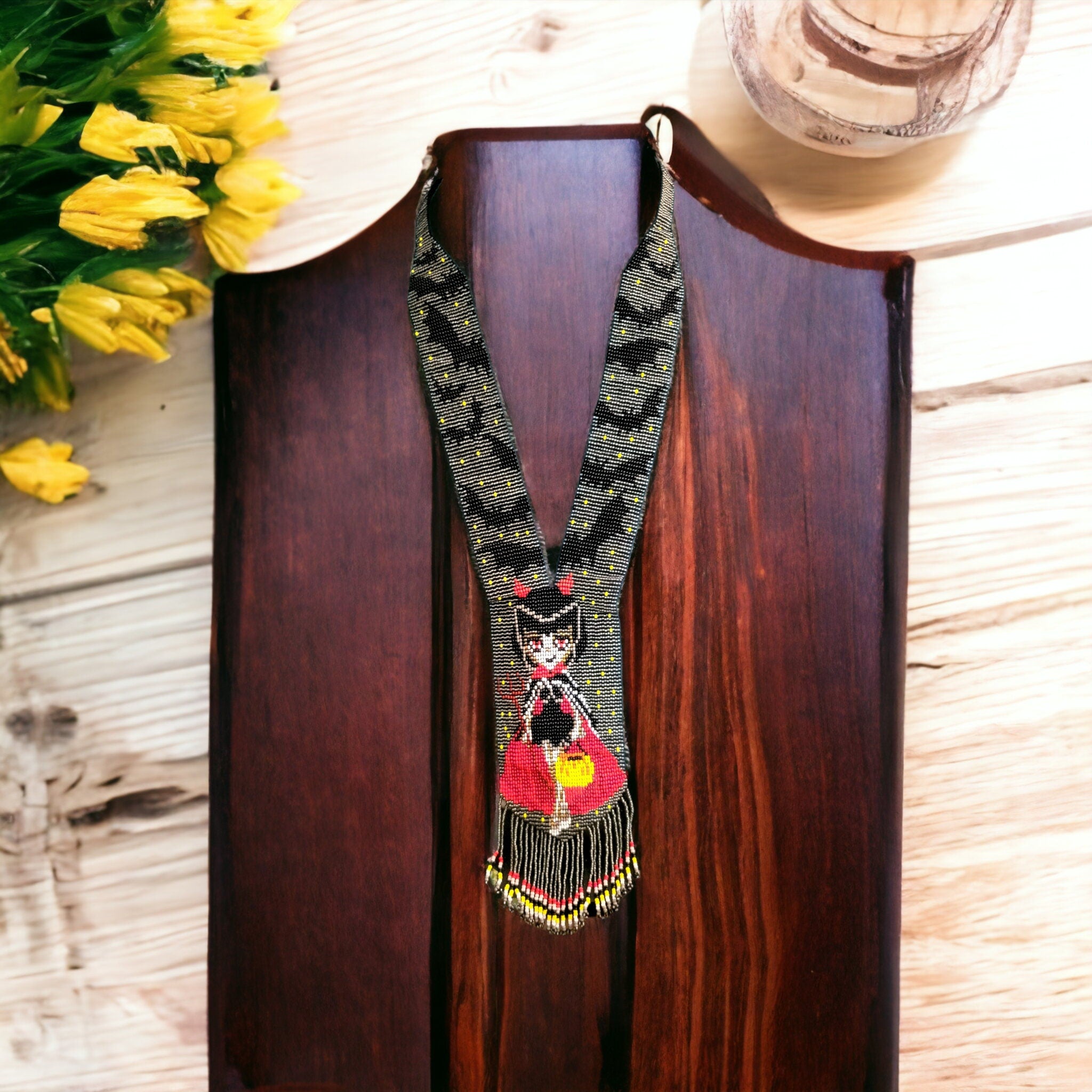 Handmade Beaded Halloween Necklace: Bat & Costume Girl Motif