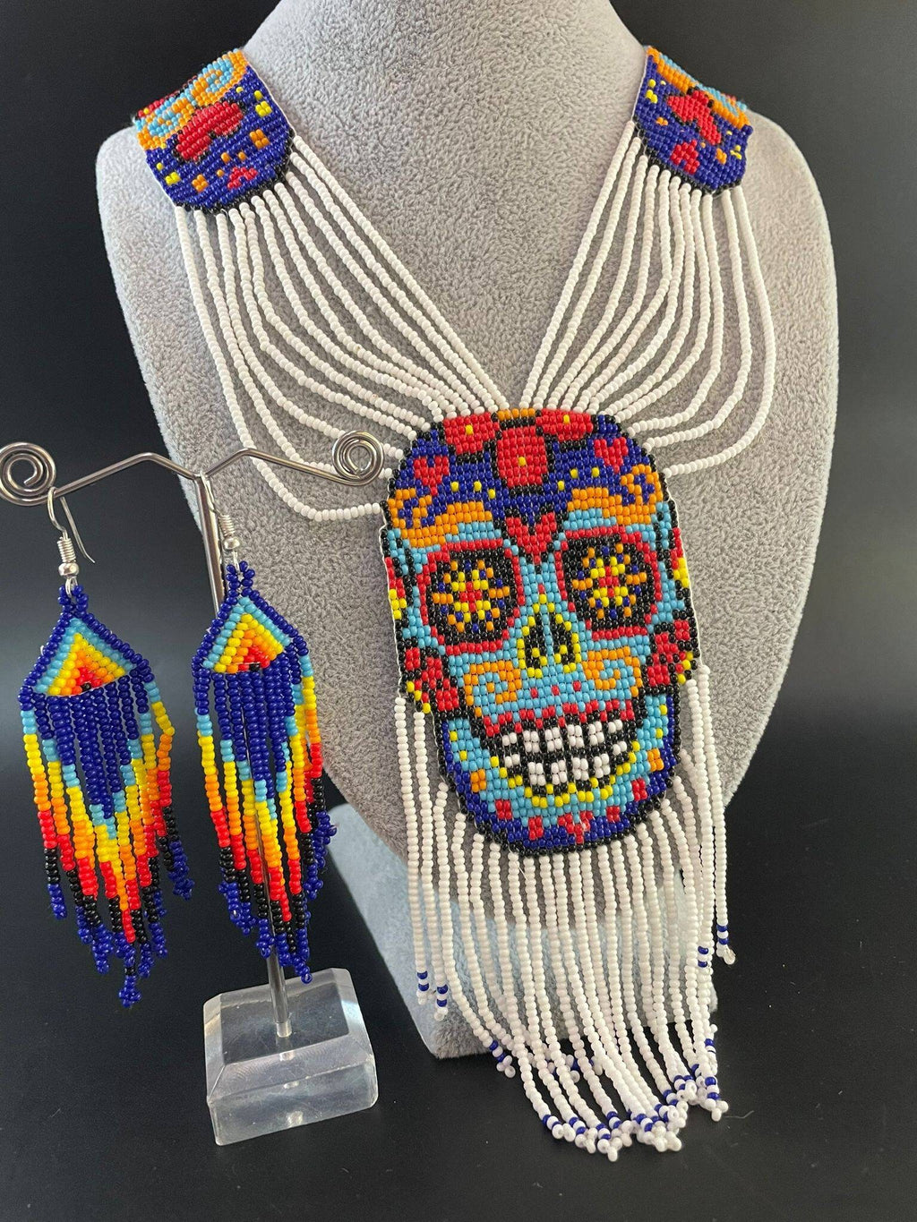 Handmade Seed Bead Skull Necklace: Ethnic Sugar Skull Jewelry Set