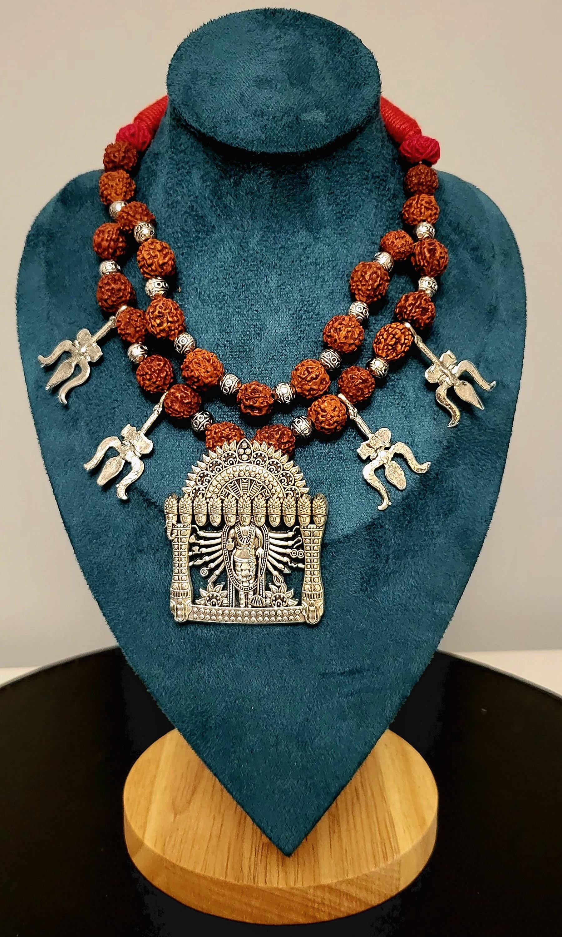 Handmade Silver Krishna Necklace: Rudraksha Chain, Hindu God Pendant