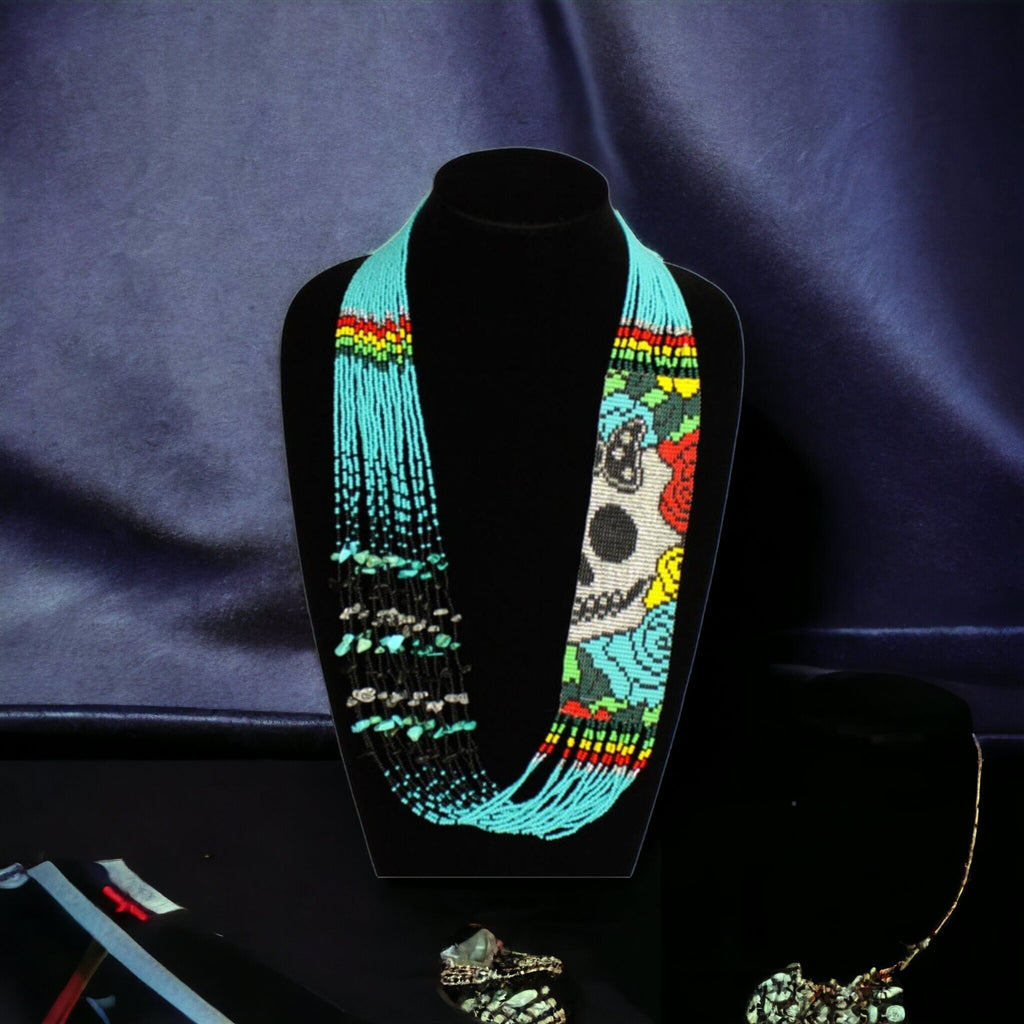 Handmade Seed Bead Sugar Skull Necklace with Earrings