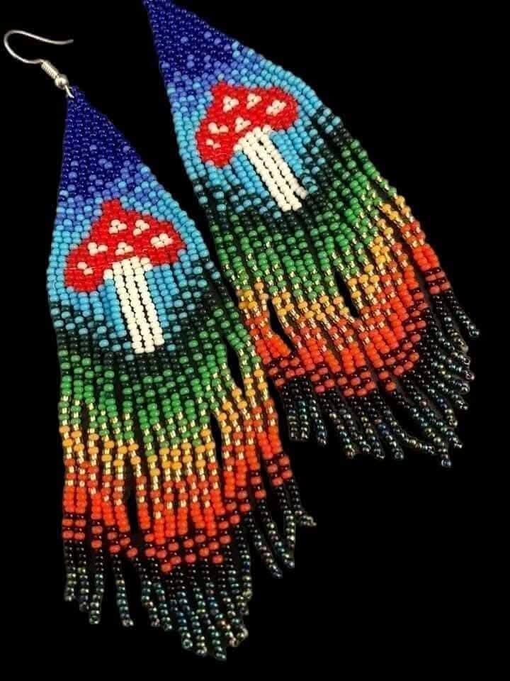 Beaded Mushroom Fringe Earrings: Toadstool Dangle Earrings