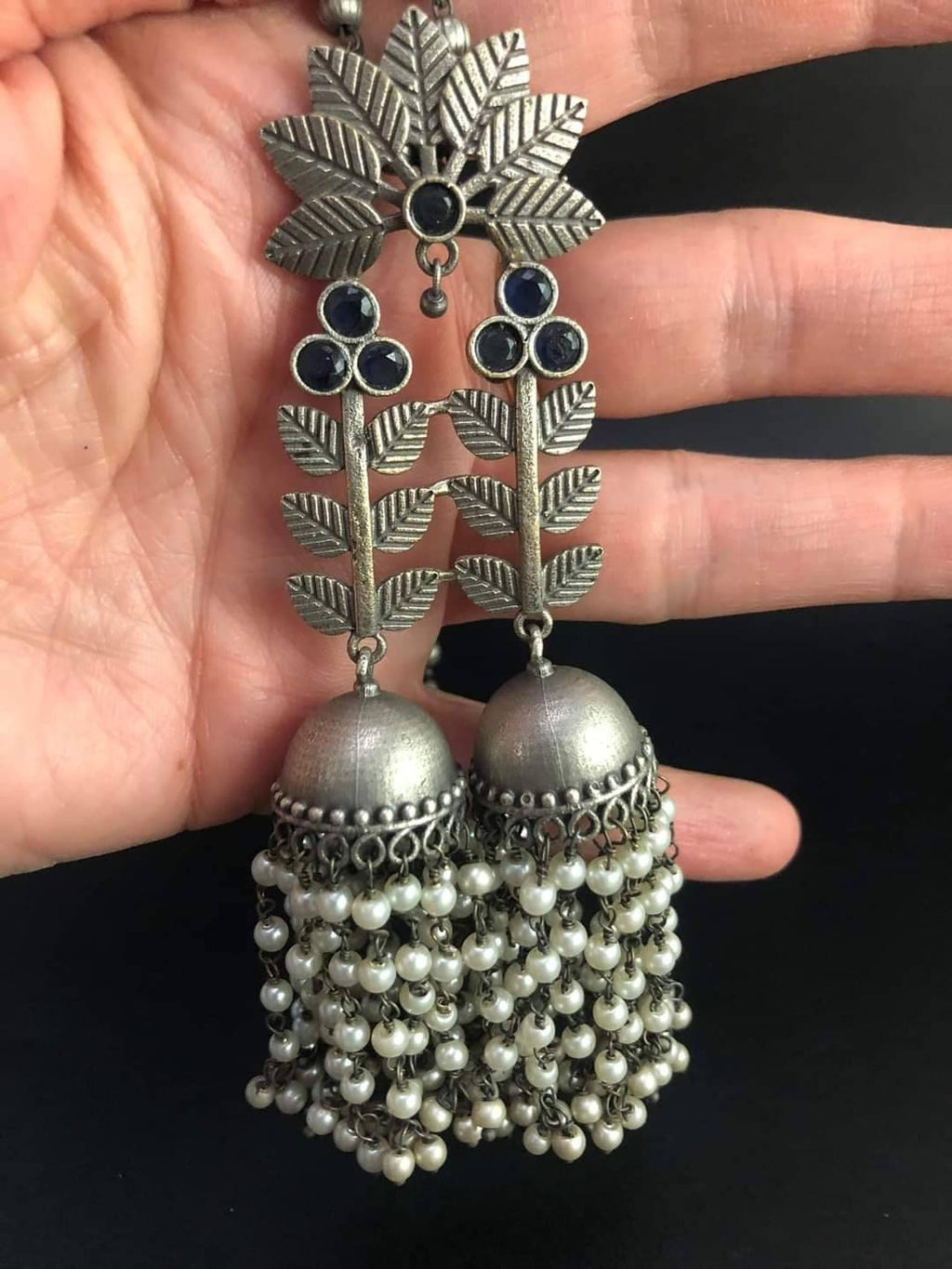 Oxidized German Silver Jhumka Necklace Set: Handcrafted Pearl Pendant