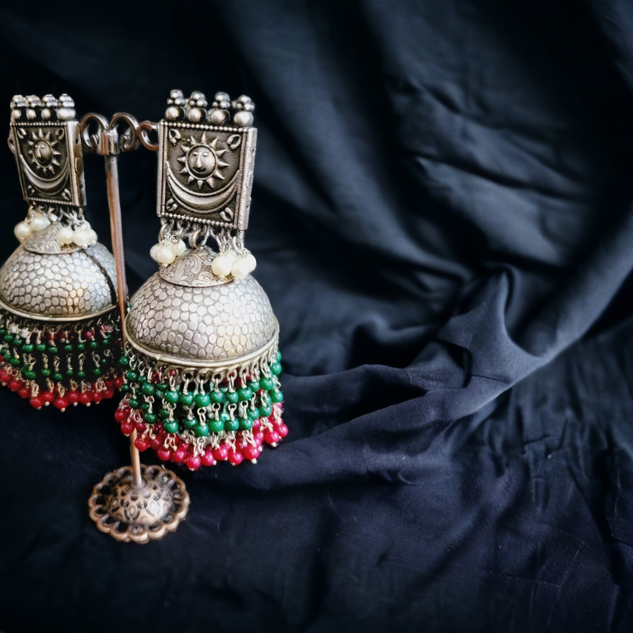 Handmade Indian Jhumka Earrings: Sun Motif, Crystal Beads