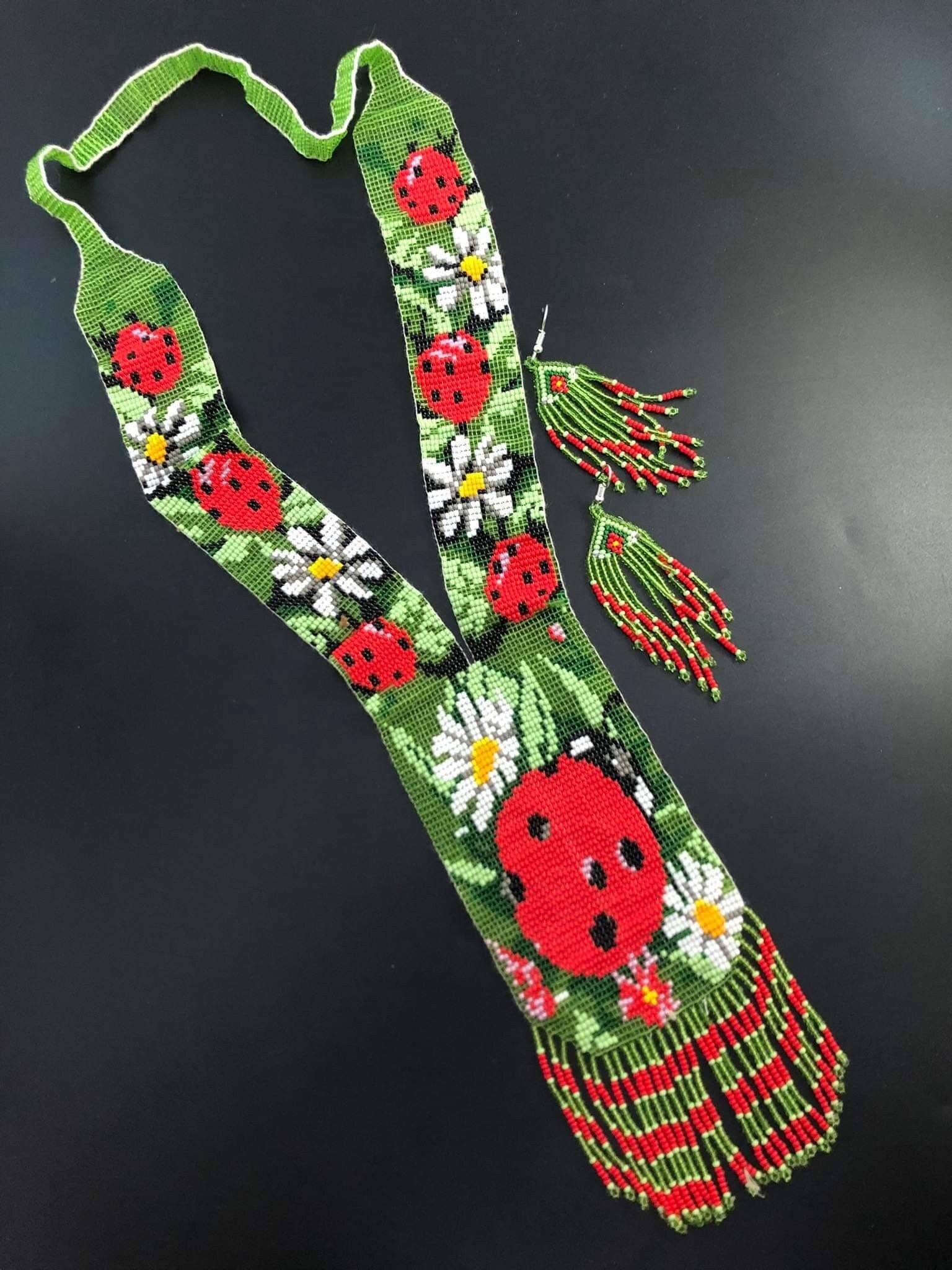 Handmade Beaded Ladybug Necklace: Boho Floral Garden Jewelry