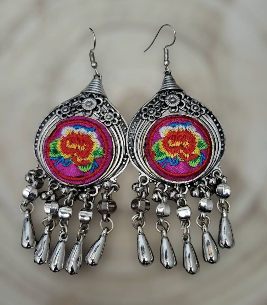 Miao Silver Flower Embroidery Earrings: Hmong Ethnic Dangle Earrings