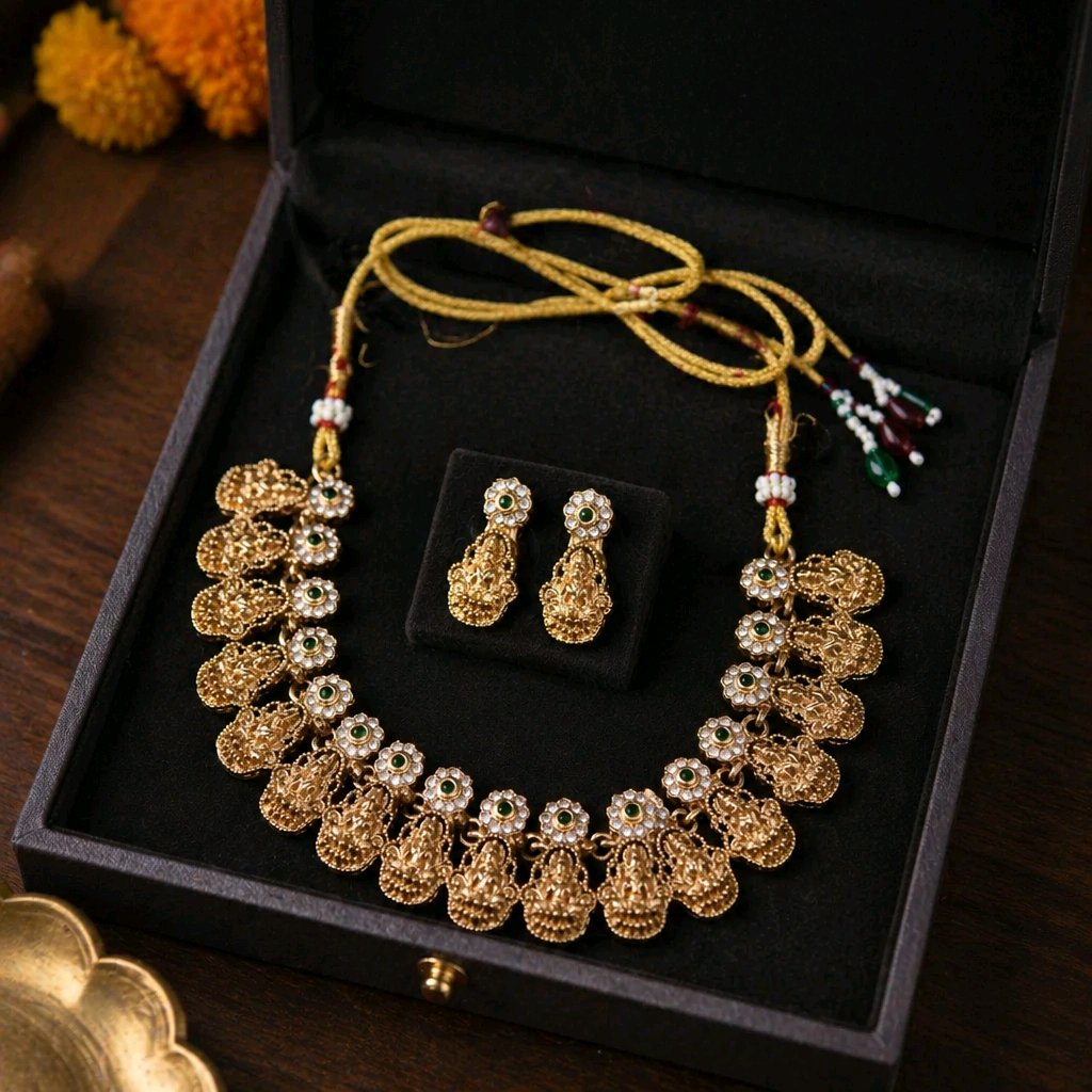 Gold-Plated Lakshmi Temple Jewelry Set – Necklace with Matching Earrings