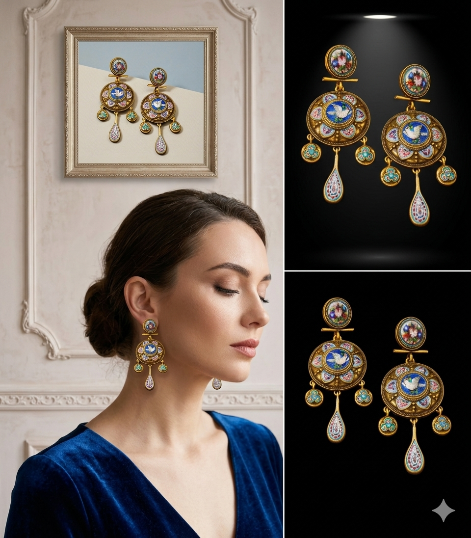 Vintage Etruscan-Style Gold Micromosaic Chandelier Earrings with Dove Motif