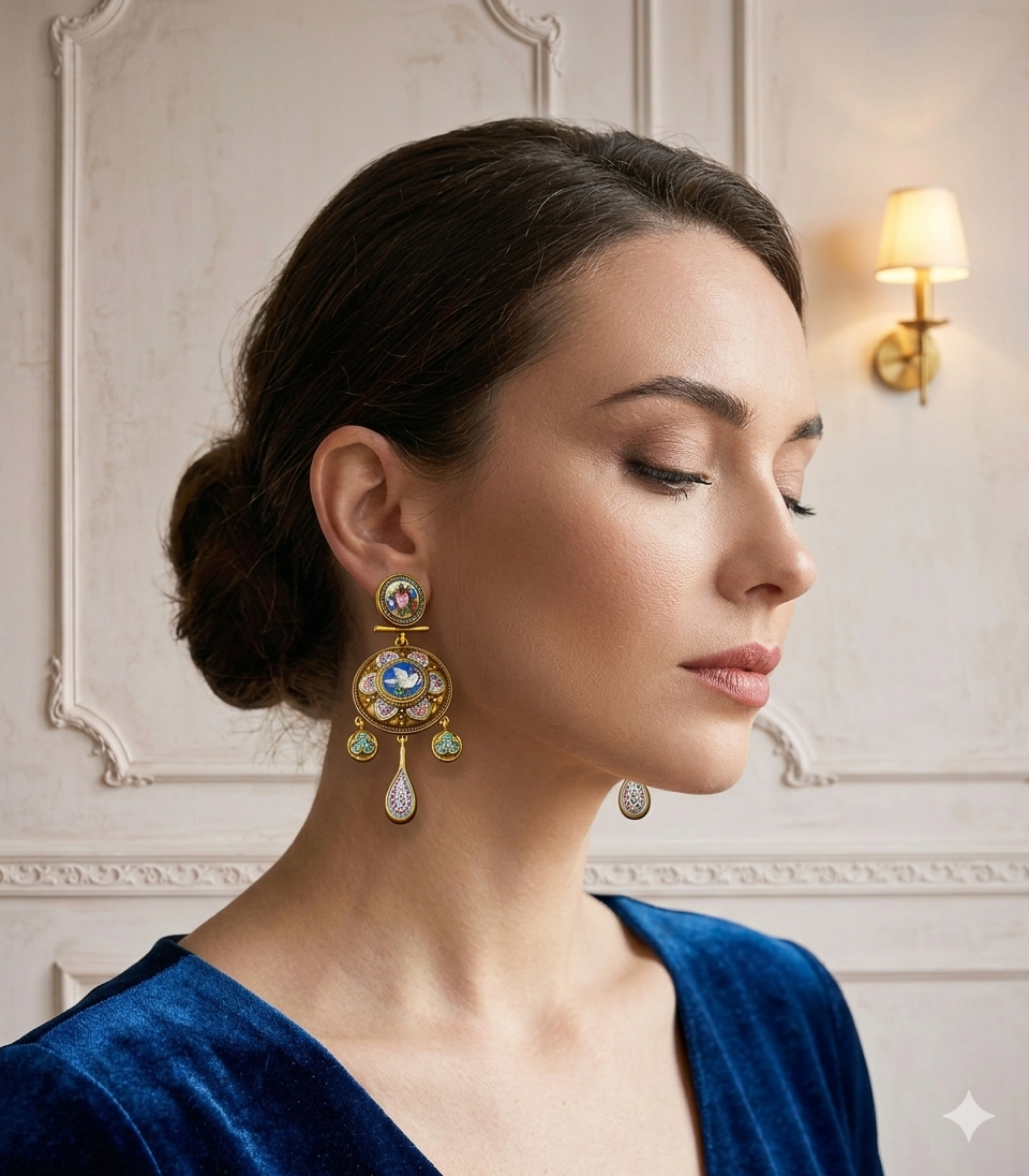 Vintage Etruscan-Style Gold Micromosaic Chandelier Earrings with Dove Motif