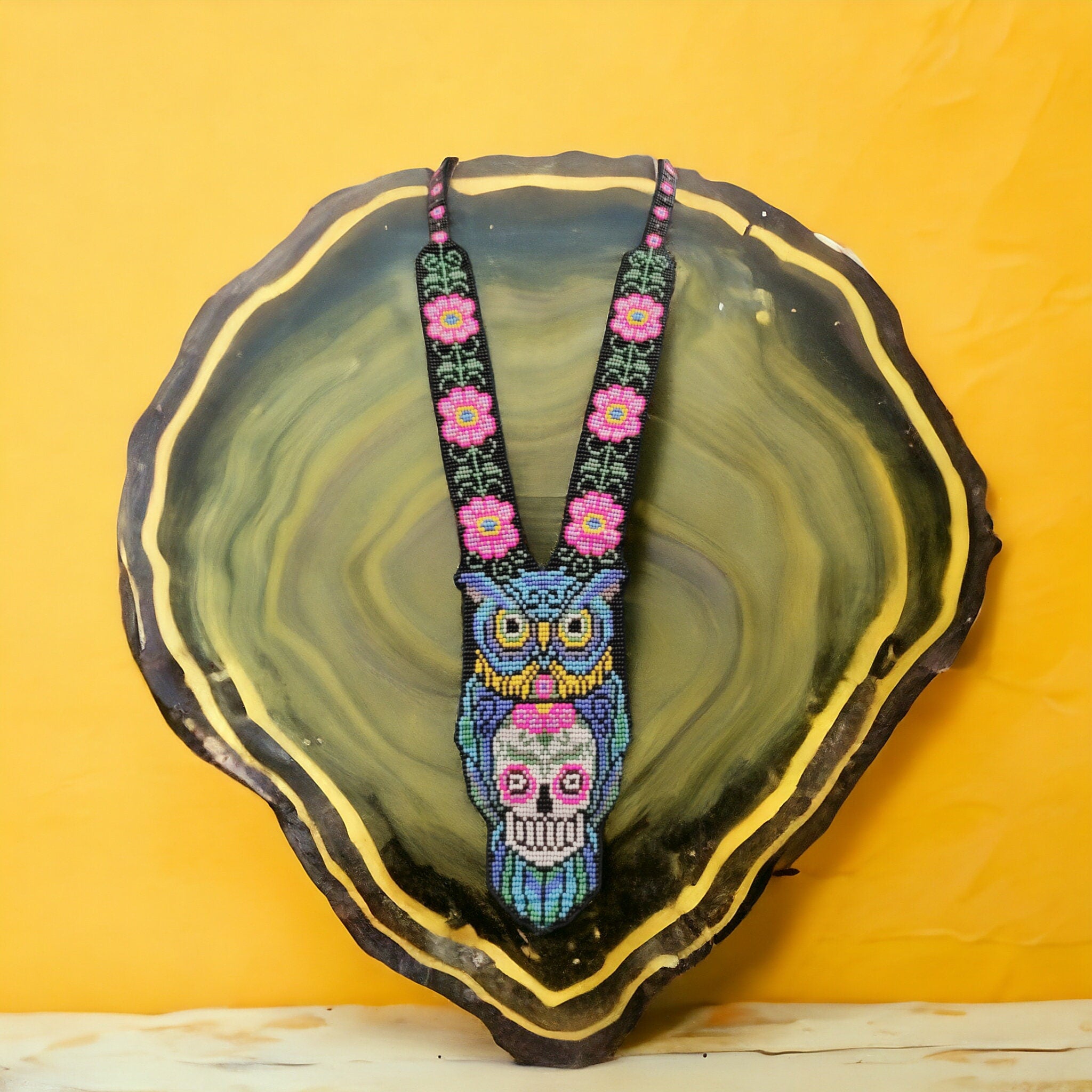 Handmade Beaded Owl Necklace: Skull Motif, Floral Chain
