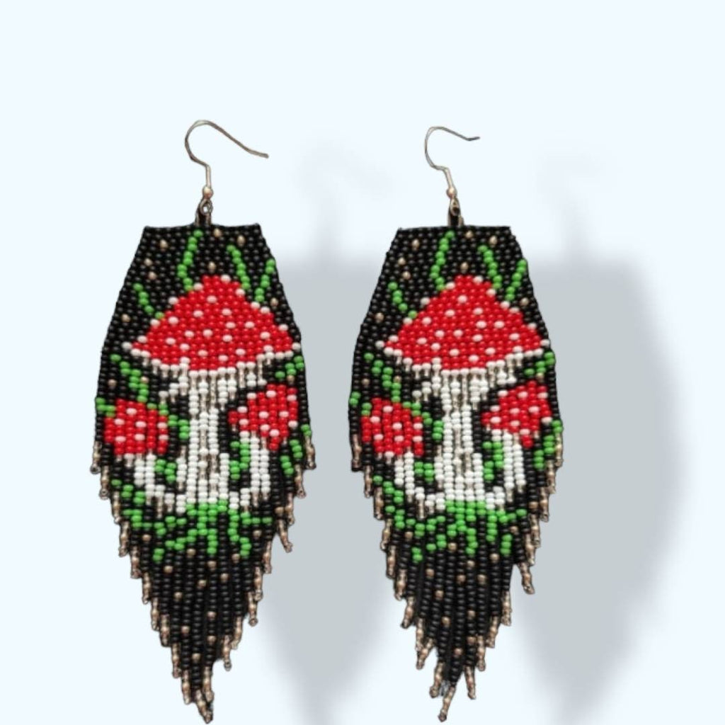 Beaded Mushroom Earrings: Red Toadstool Fringe Dangle