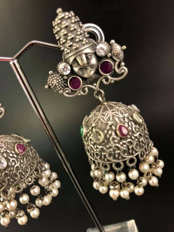 Vishnu Silver Earrings: Pearl Jhumka, Indian God Jewelry