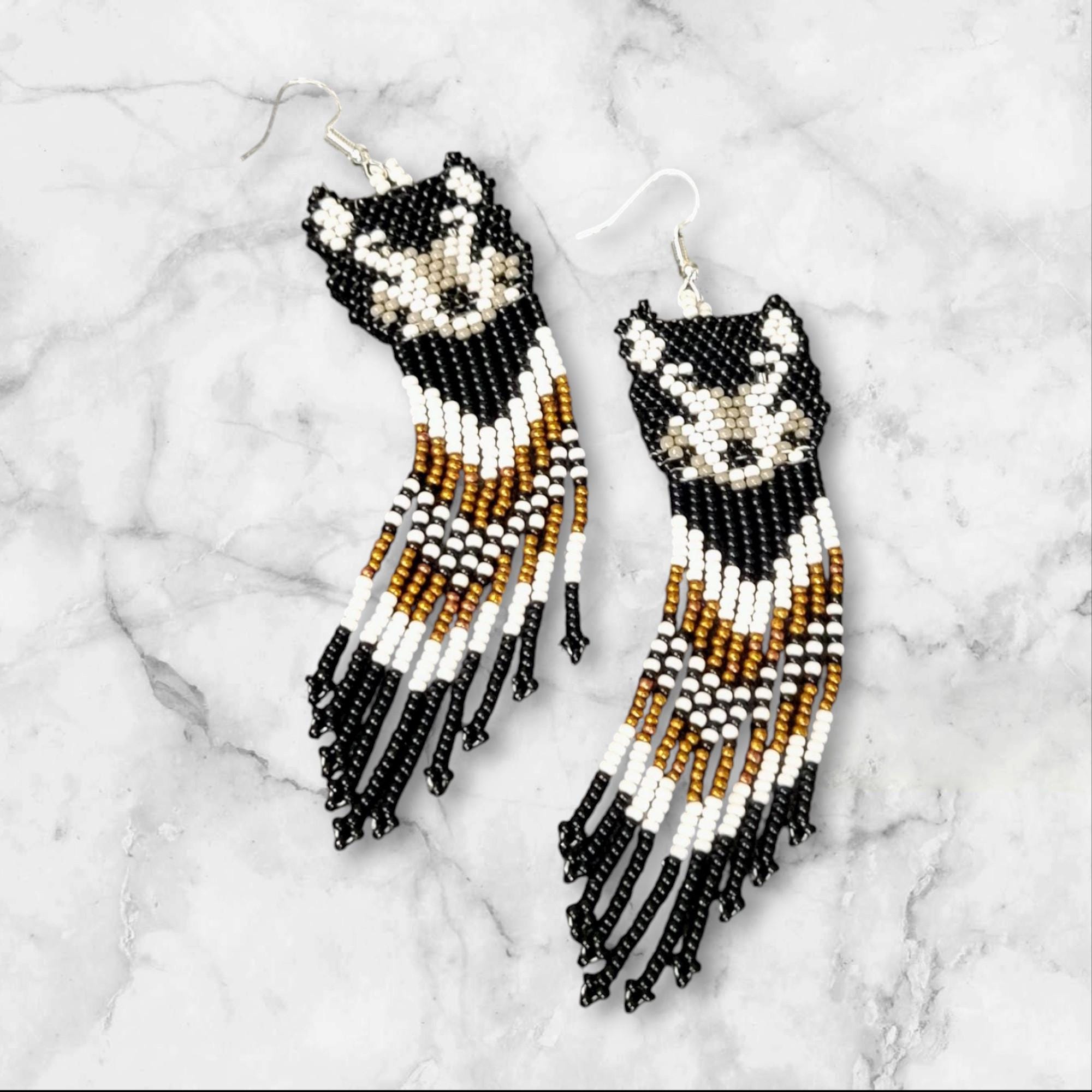 Handmade Beaded Wolf Earrings: Long Fringe Earrings