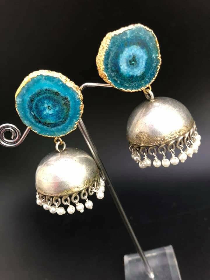 Srebrne kolczyki Jhumki: Kamień Turkusowy Druzy, Indyjska Biżuteria Boho