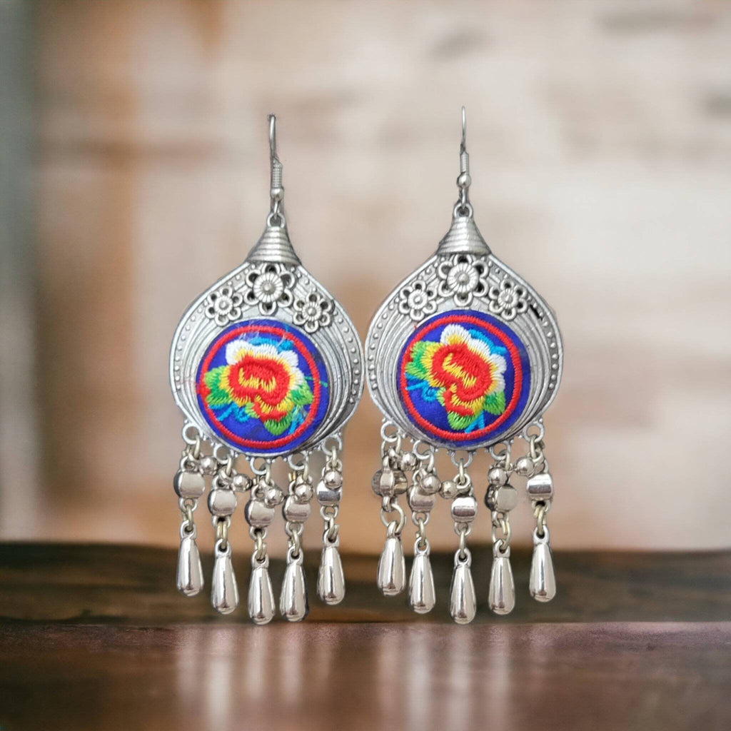 Miao Silver Flower Embroidery Earrings: Hmong Ethnic Dangle Earrings