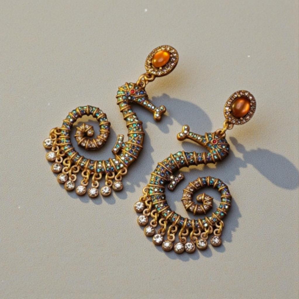 Vintage Style Seahorse Drop Earrings – Ornate Gold Nautical Jewelry with Pavé Crystals and Amber Accents – Bohemian Sea Life Statement Earri