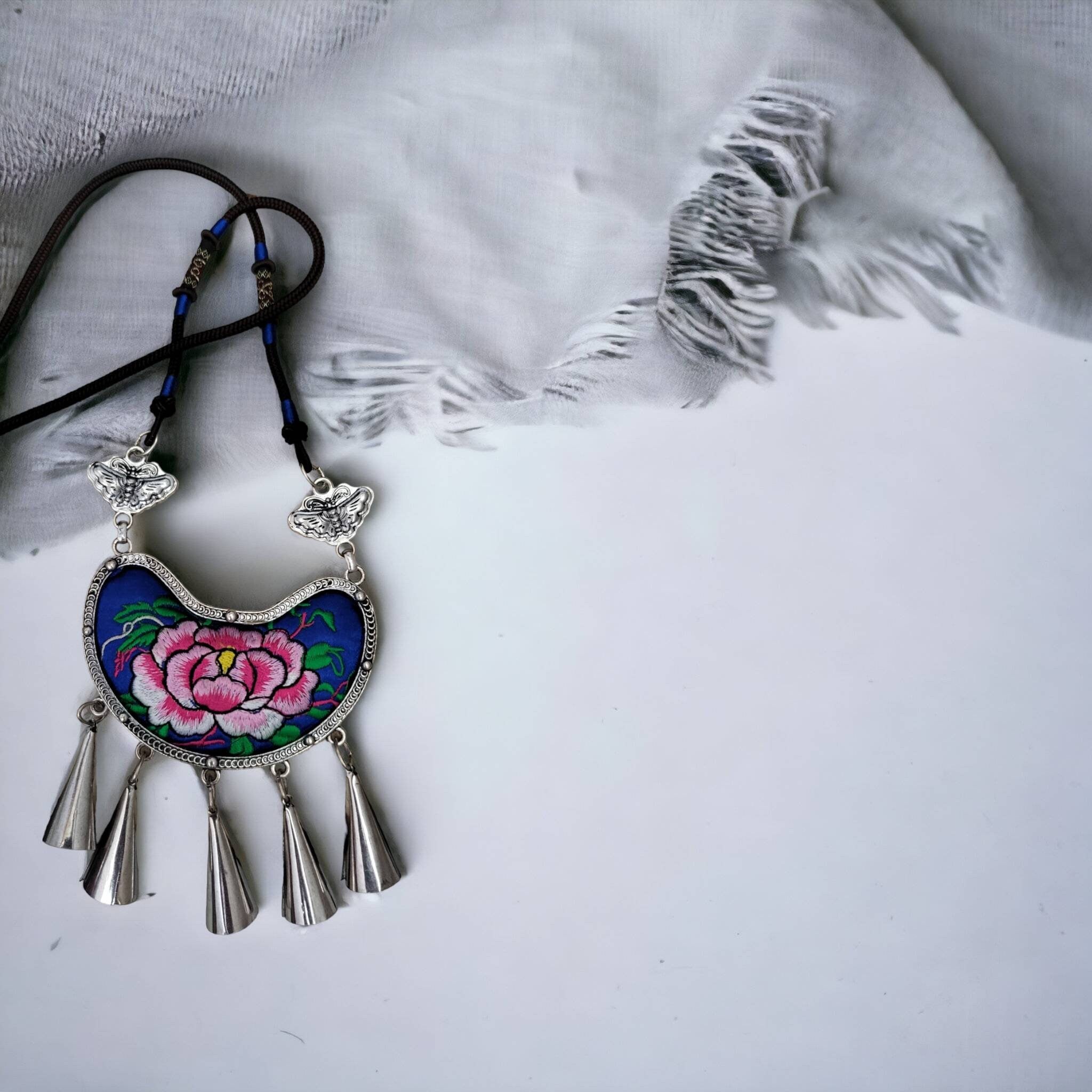 New Design!! Miao Silver Embroidery Necklace,Butterfly Dangle Earring,Circular Flower design,Bold Ethnic Earring, Traditional Earrings,Boho