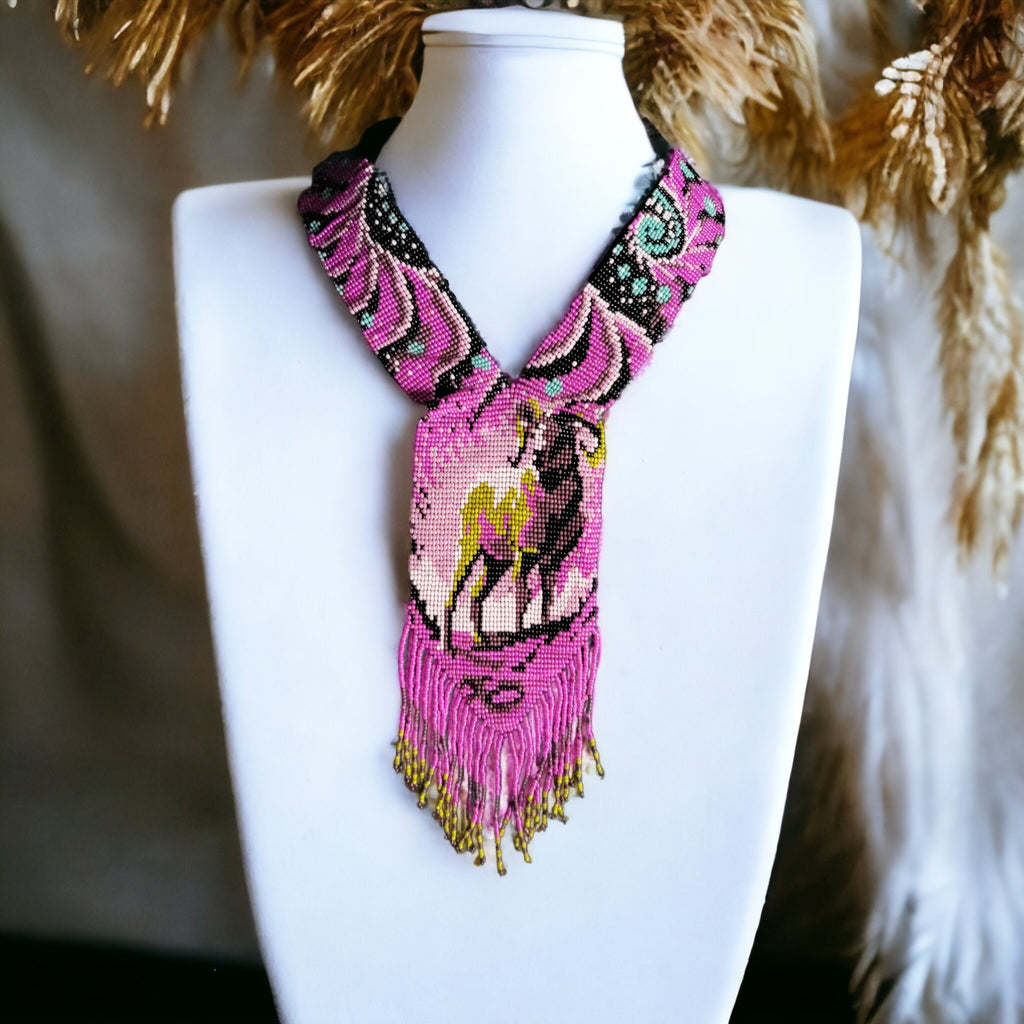 Handmade Capricorn Loom Beaded Necklace: Pink & Black Zodiac Jewelry
