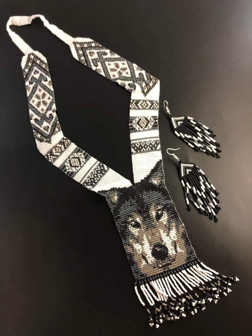 Handmade Beaded Wolf Necklace & Earrings: Boho Animal Lover Jewelry