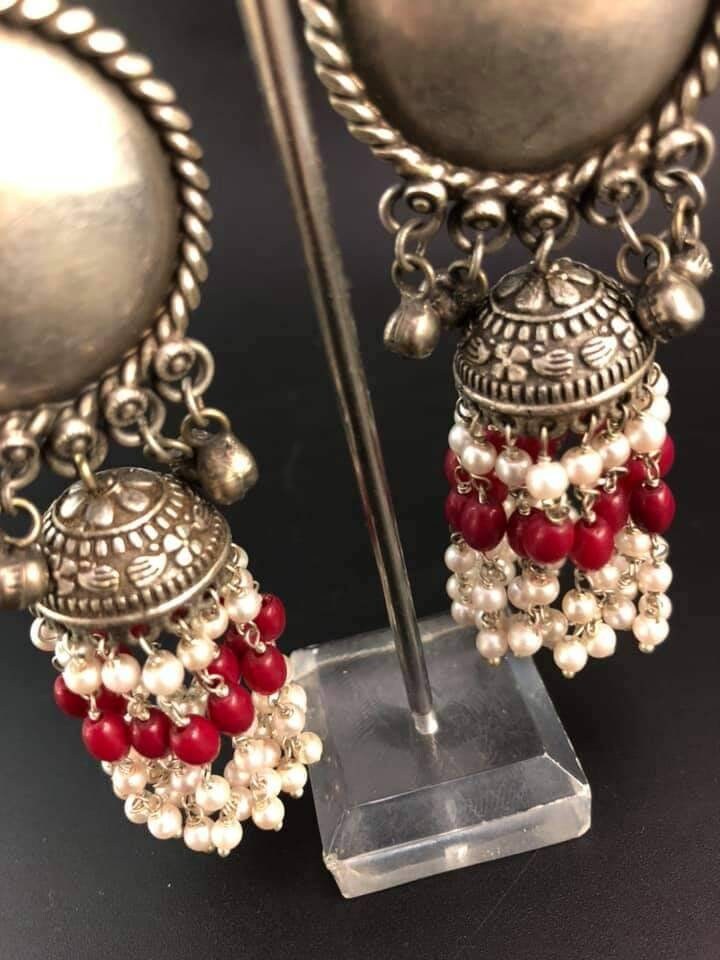 Silver Plated Jhumka Earrings: Floral Dome, Pearl & Bead Tassels