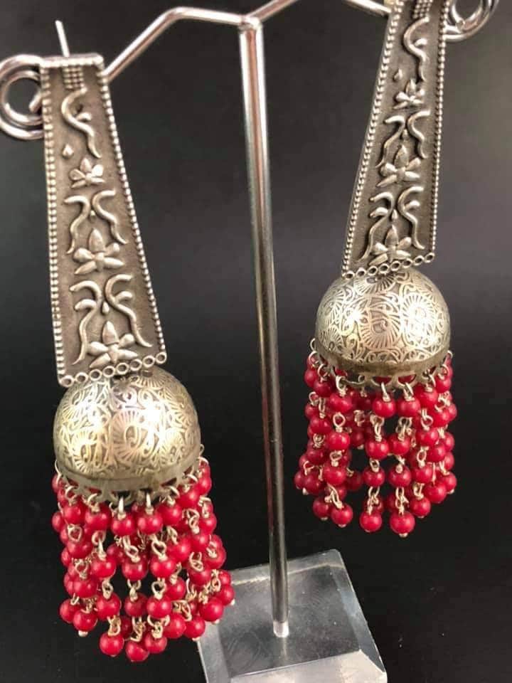 Oxidized Jhumki Earrings: Silver Look, Red Bead Tassels