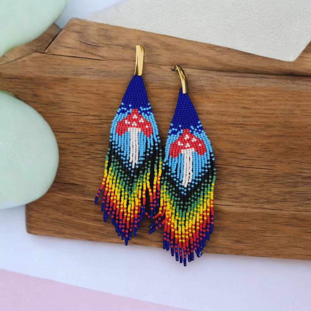 Beaded Mushroom Fringe Earrings: Toadstool Dangle Earrings