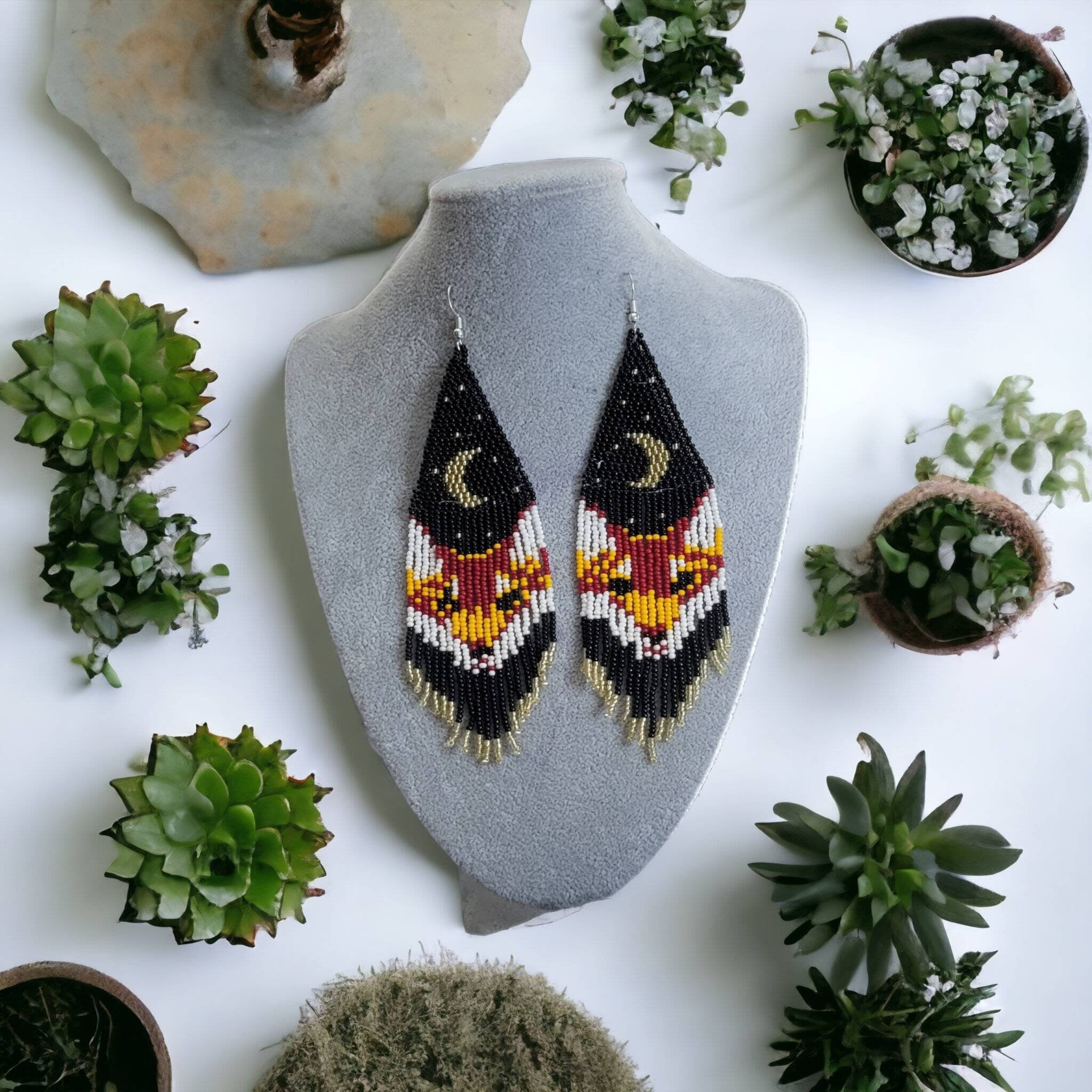 Red Fox Beaded Fringe Earrings: Long Sterling Silver 925