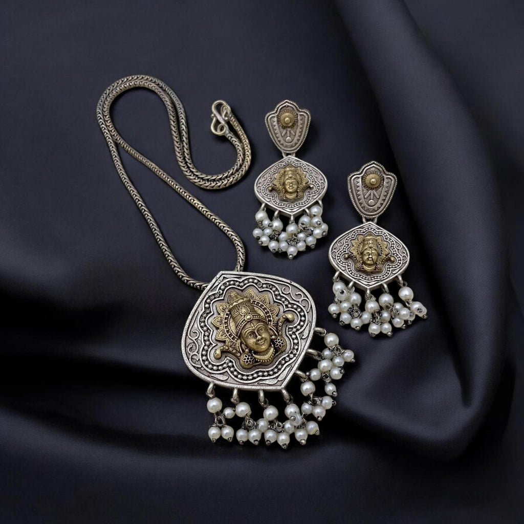 Handcrafted Brass Temple Jewelry Set: Indian Necklace & Pearl Earrings