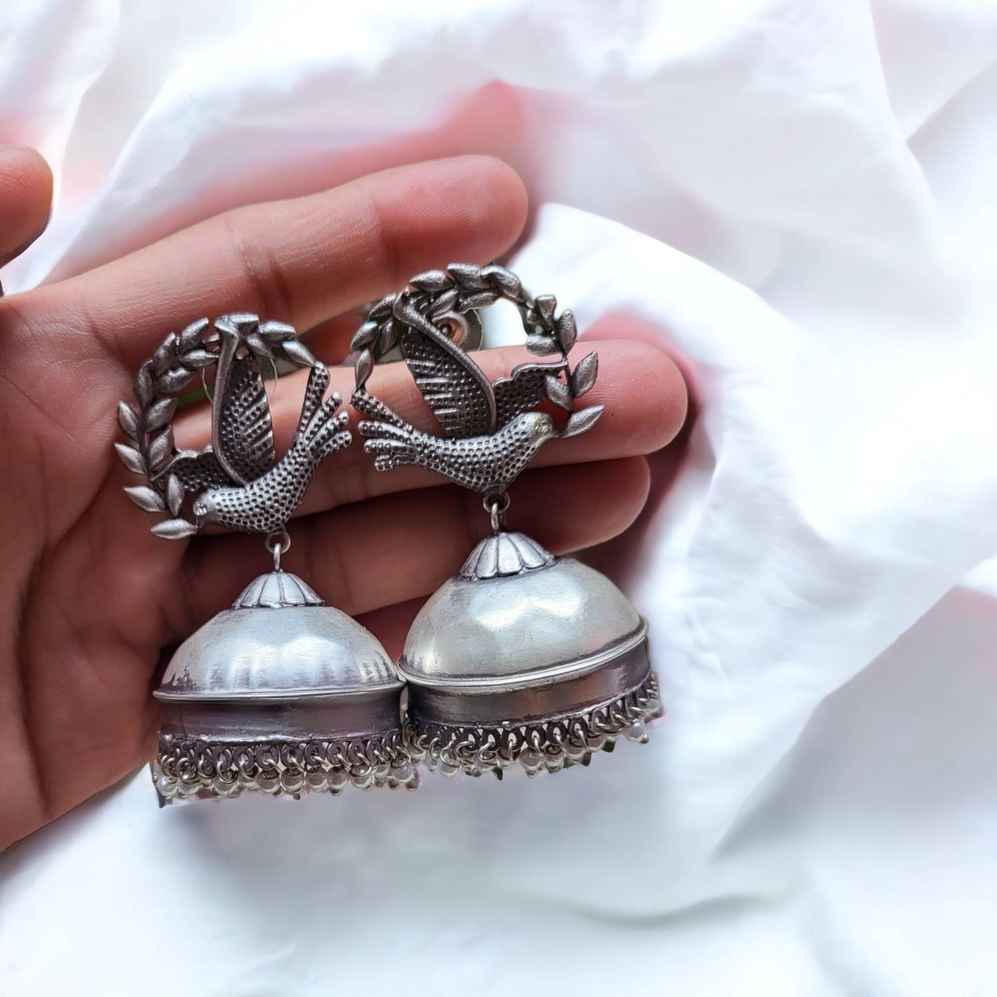 High Quality Oxidized German Silver Replica Earring Birds Jhumka Silver Lookalike Lightweight Earring | Indian Jewelry Boho Gypsy Jewelry