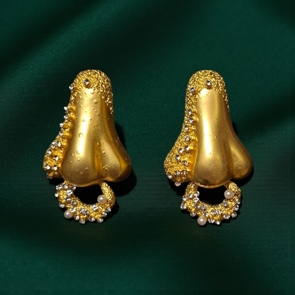The "Scent" Surrealist Nose Earrings – Sculptural Gold Studs with Crystal Accents