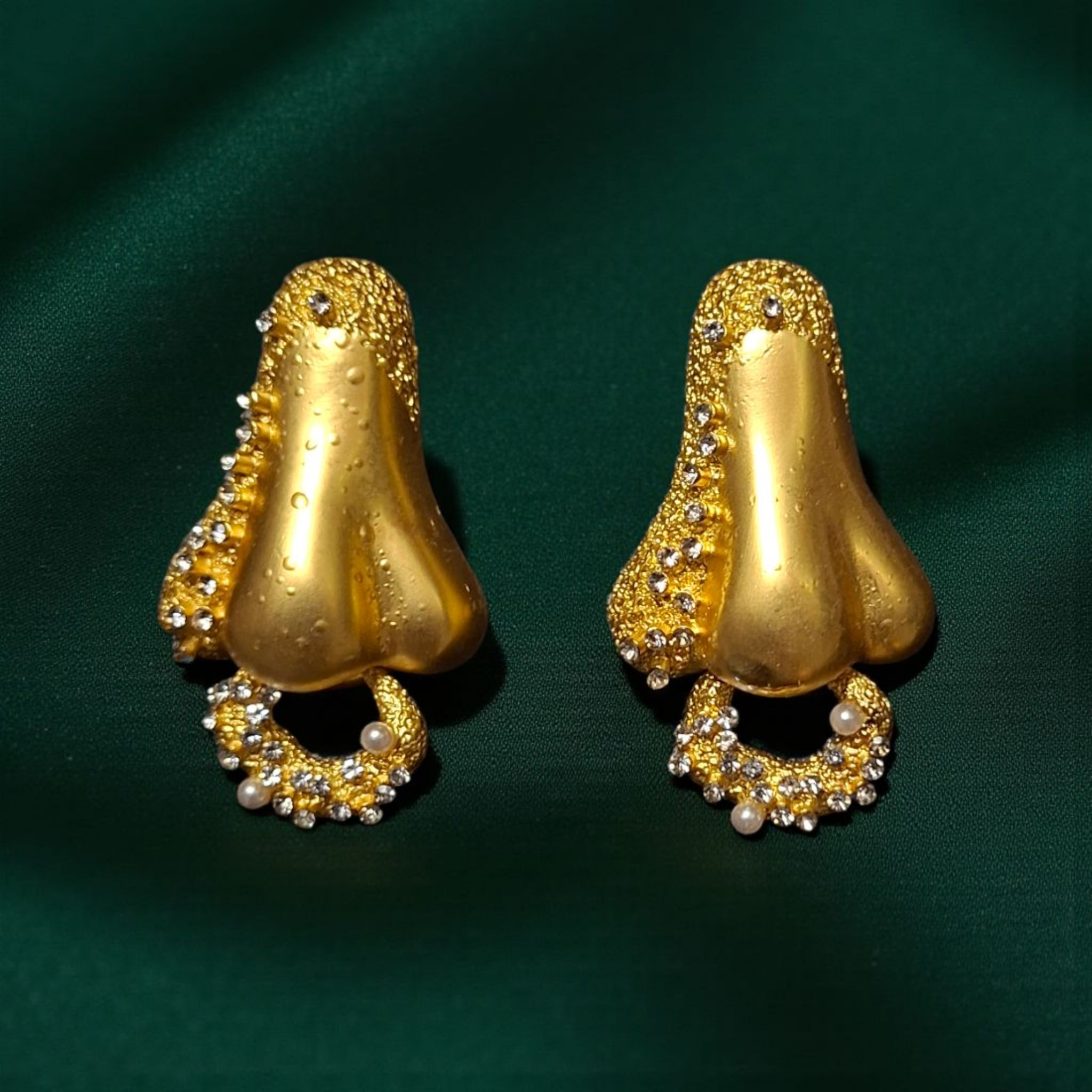 The "Scent" Surrealist Nose Earrings – Sculptural Gold Studs with Crystal Accents