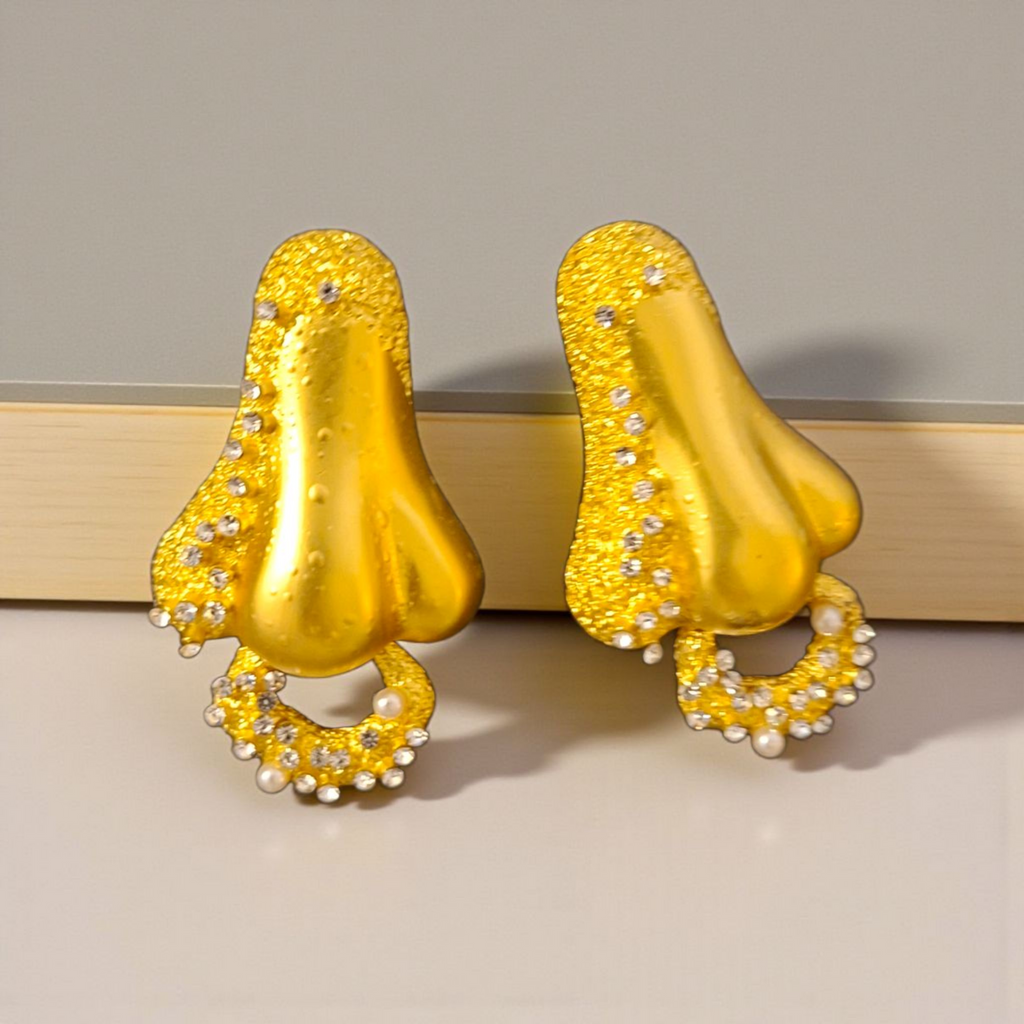 The "Scent" Surrealist Nose Earrings – Sculptural Gold Studs with Crystal Accents