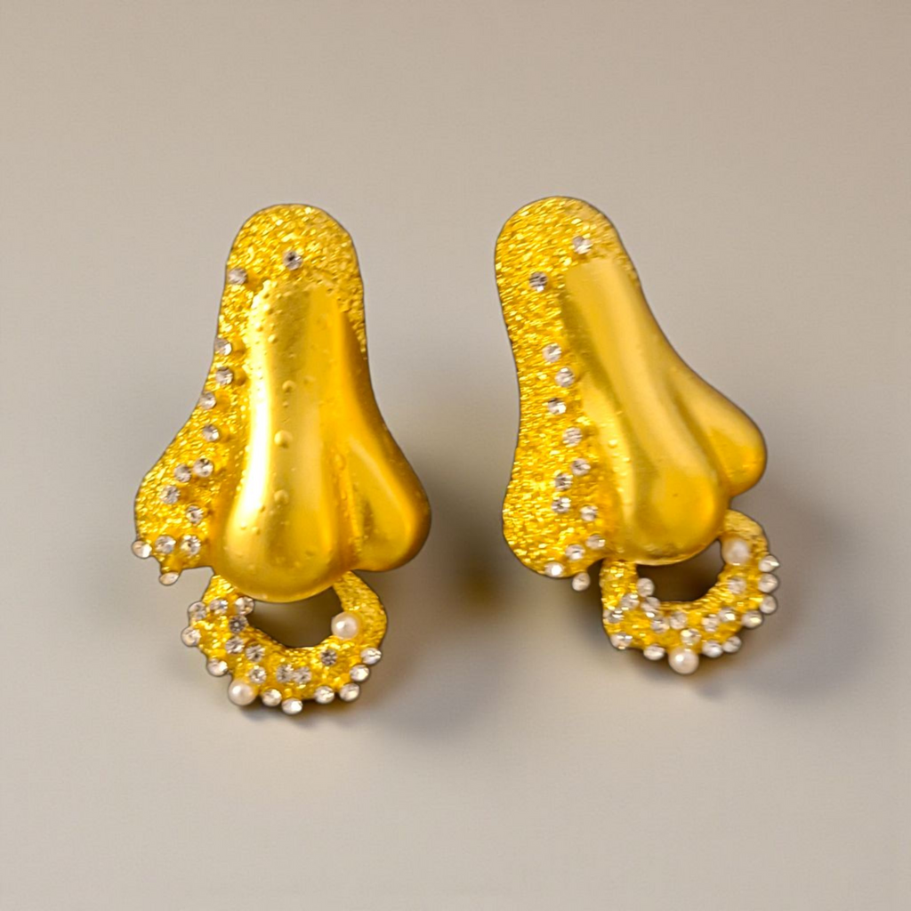 The "Scent" Surrealist Nose Earrings – Sculptural Gold Studs with Crystal Accents