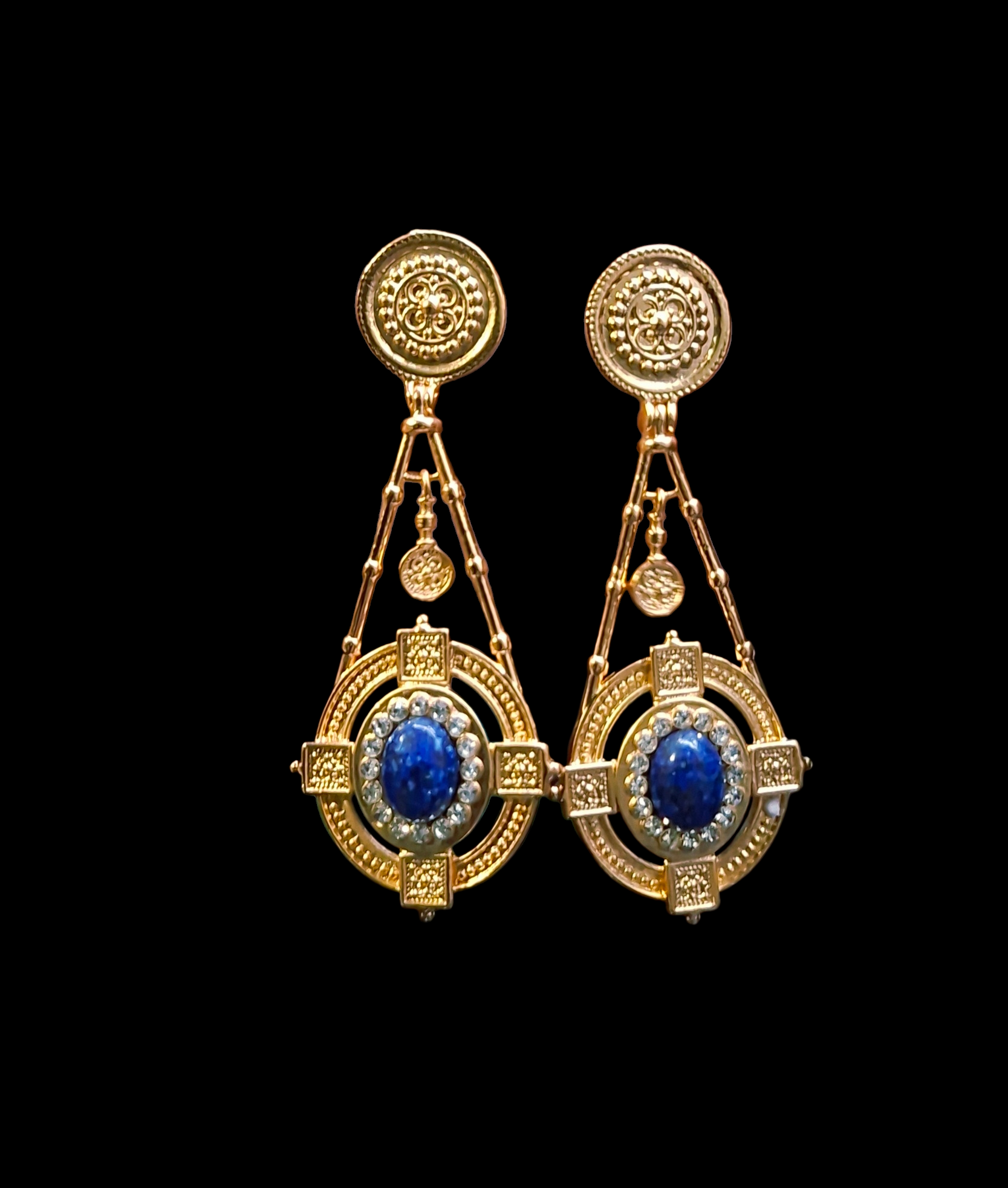 Lapis Lazuli Byzantine Shield Drop Earrings – 18K Gold Plated Statement Jewelry