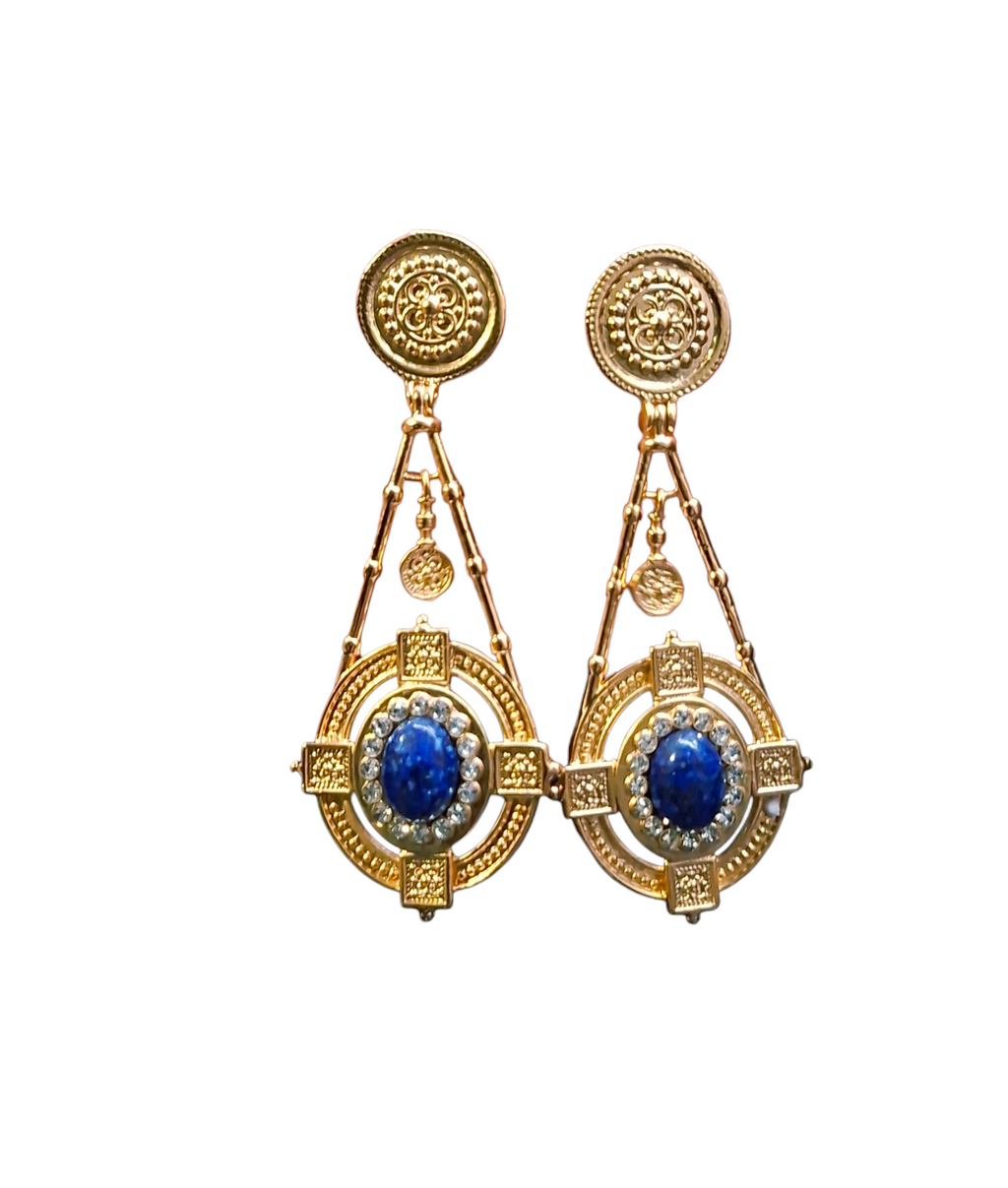 Lapis Lazuli Byzantine Shield Drop Earrings – 18K Gold Plated Statement Jewelry